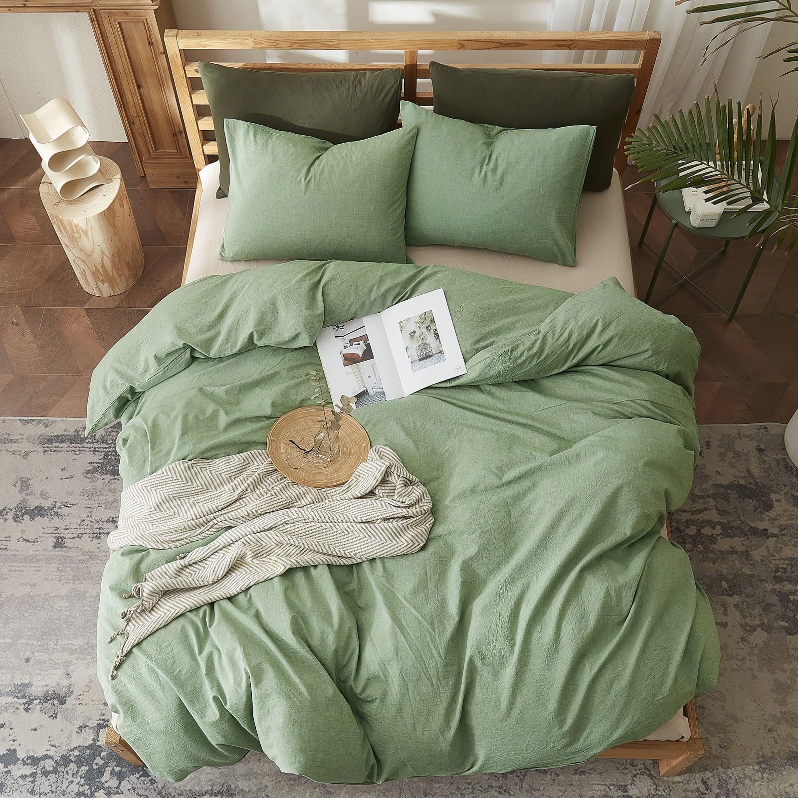AMWAN Soft Sage Green Duvet Cover Twin 3 Piece Washed Cotton Bedding Sets Simple Style Light Green Comforter Cover Breathable Cotton Green Bedding Duvet Cover for Kids Boy Girl Adults Twin Bed Set