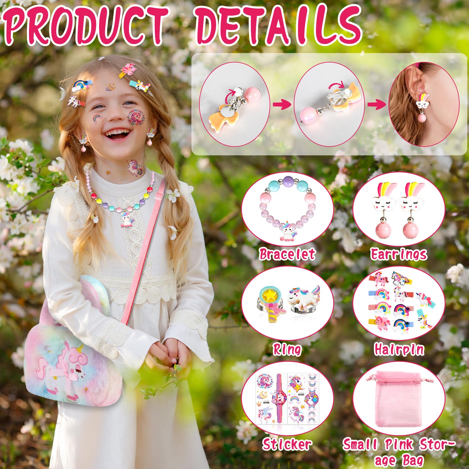 Enhörning smycken barn flicka handväska, enhörningsväska med smyckeset, enhörning flicka leksak, barn flickor smycken 3–9 år, enhörningsväska med hårklämma, armband, halsband, ring