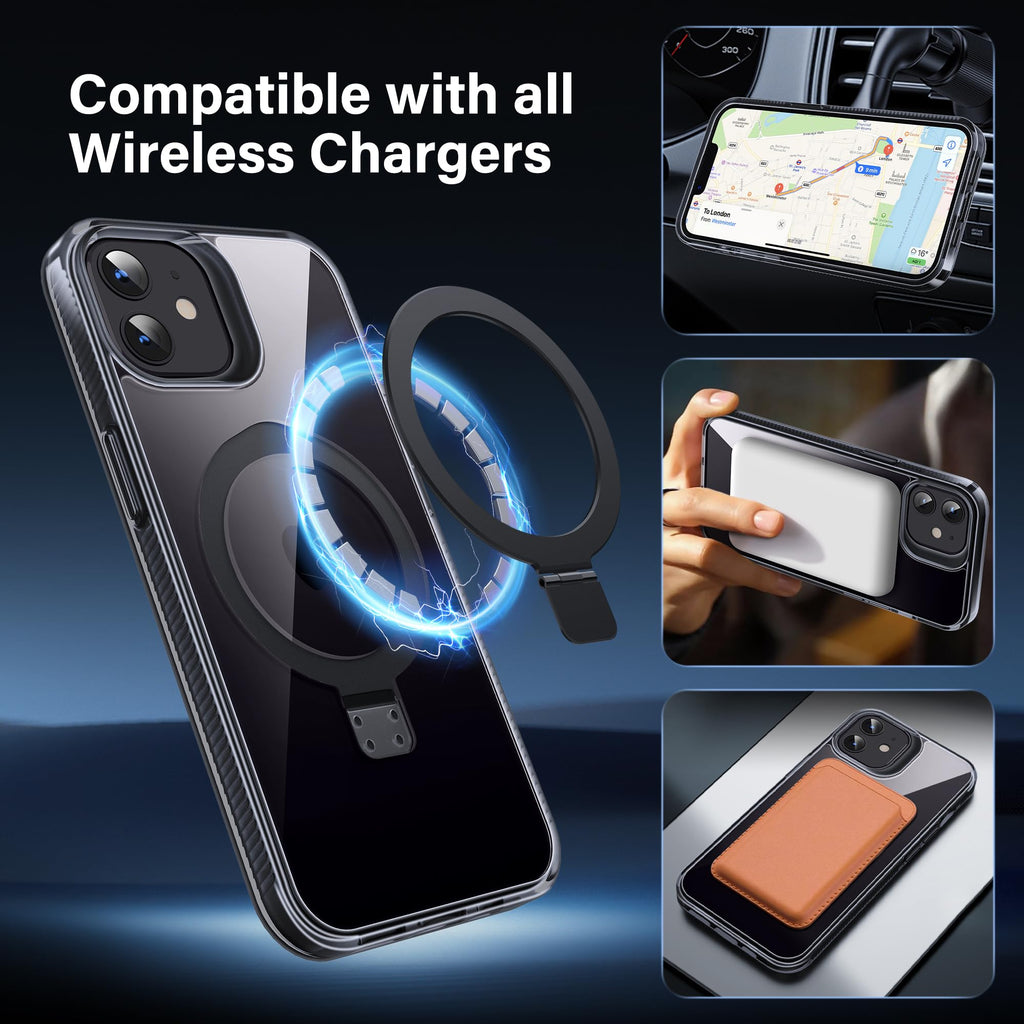 Magnetiskt skal för iPhone 12/12 Pro – inbyggt osynligt stativ, kompatibelt med MagSafe, militärklassat stötskydd, hård baksida med silikonkanter, gulnar inte, 6,1 tum, genomskinlig svart