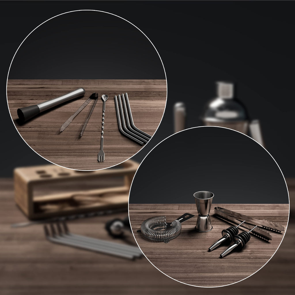Cocktail Shakers Set Manhattan med Stand + Recept Bok: Premium Rostfritt Stål Bar Kit: Sil Dubbel Jigger Sked | Pro Bartender Making Drinks - Mojito Martini Gin Maker, Party Fest Gåva Låda Kvinnor Män
