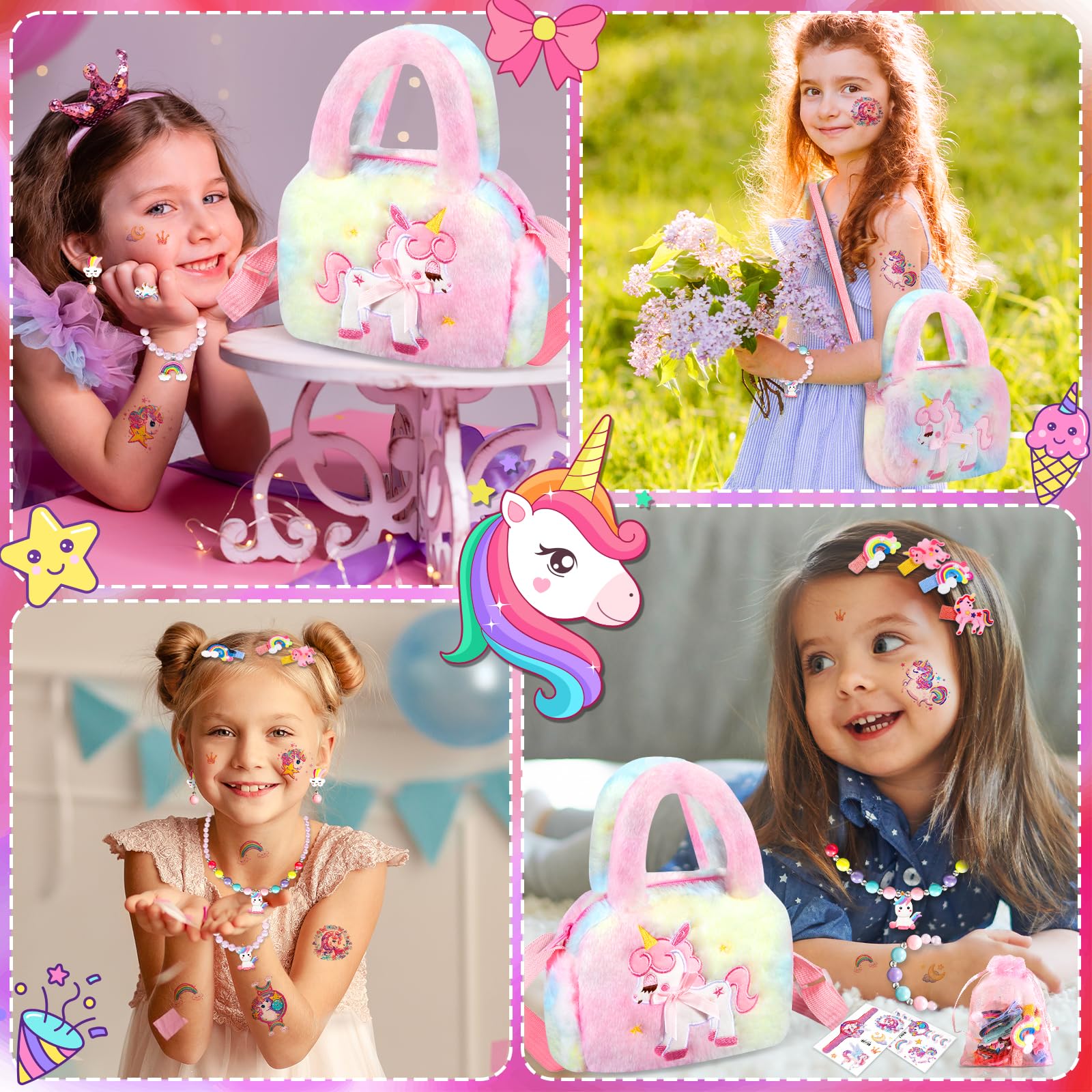 Enhörning smycken barn flicka handväska, enhörningsväska med smyckeset, enhörning flicka leksak, barn flickor smycken 3–9 år, enhörningsväska med hårklämma, armband, halsband, ring