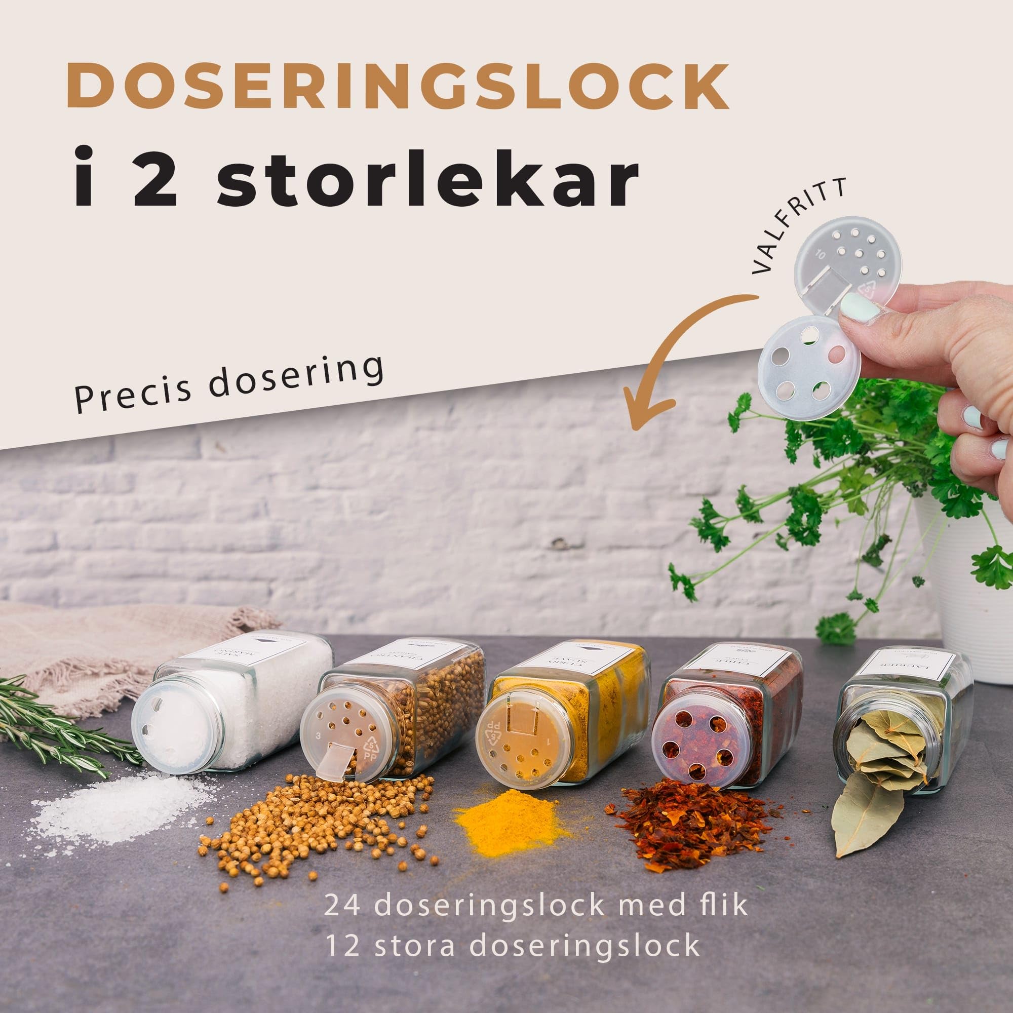 Comforder – Kryddburkar i Glas med Trälock – 336 Svenska Etiketter – 24-pack – 120 ml – Med Tillbehör (Bamboo)