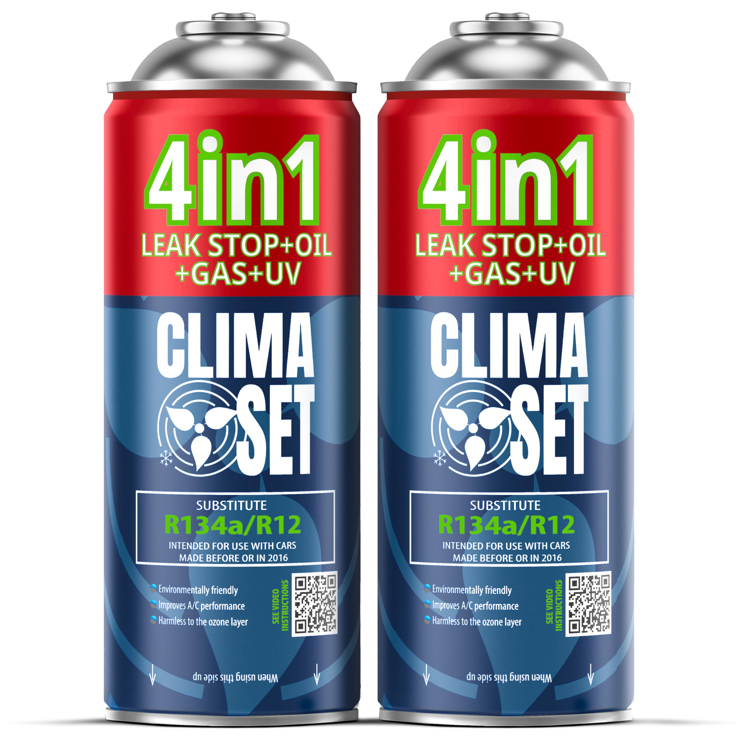 CLIMASET - 2x 4-I-1 Luftkonditionering Påfyllningsgas R134a, Olja, Läckagetätningsmedel Med UV-Färg - AC-Gaspåfyllnings- och Läckagedetekteringssats - Påfyllningssats för Bilens Luftkonditionering
