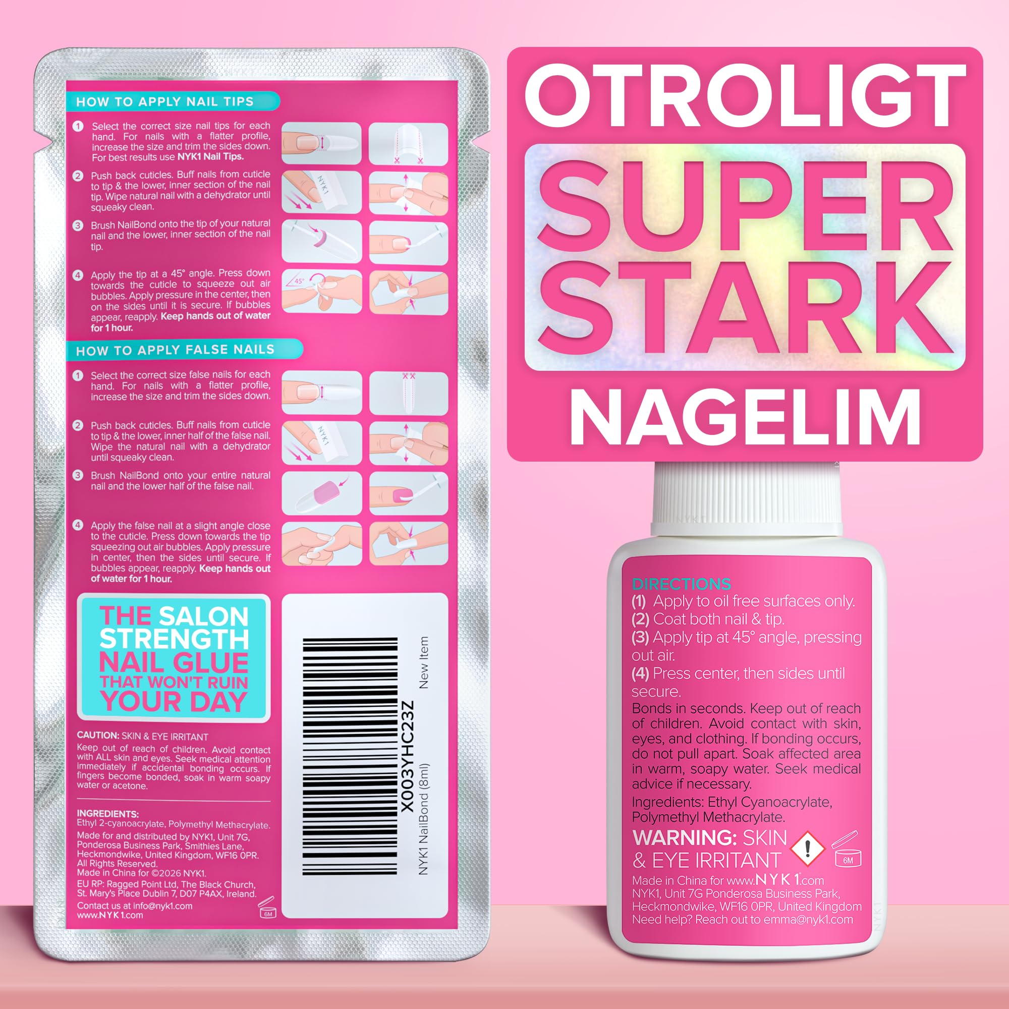 NYK1 Extrastarkt Nagellim Med Borste (8ml) Nail Bond Borste På Nagellim Extra Starkt För Akryl Tips Spiktips Nageltips, Konstgjorda Naglar Och Falska Naglar - Svampdämpande Falskt Nagellim