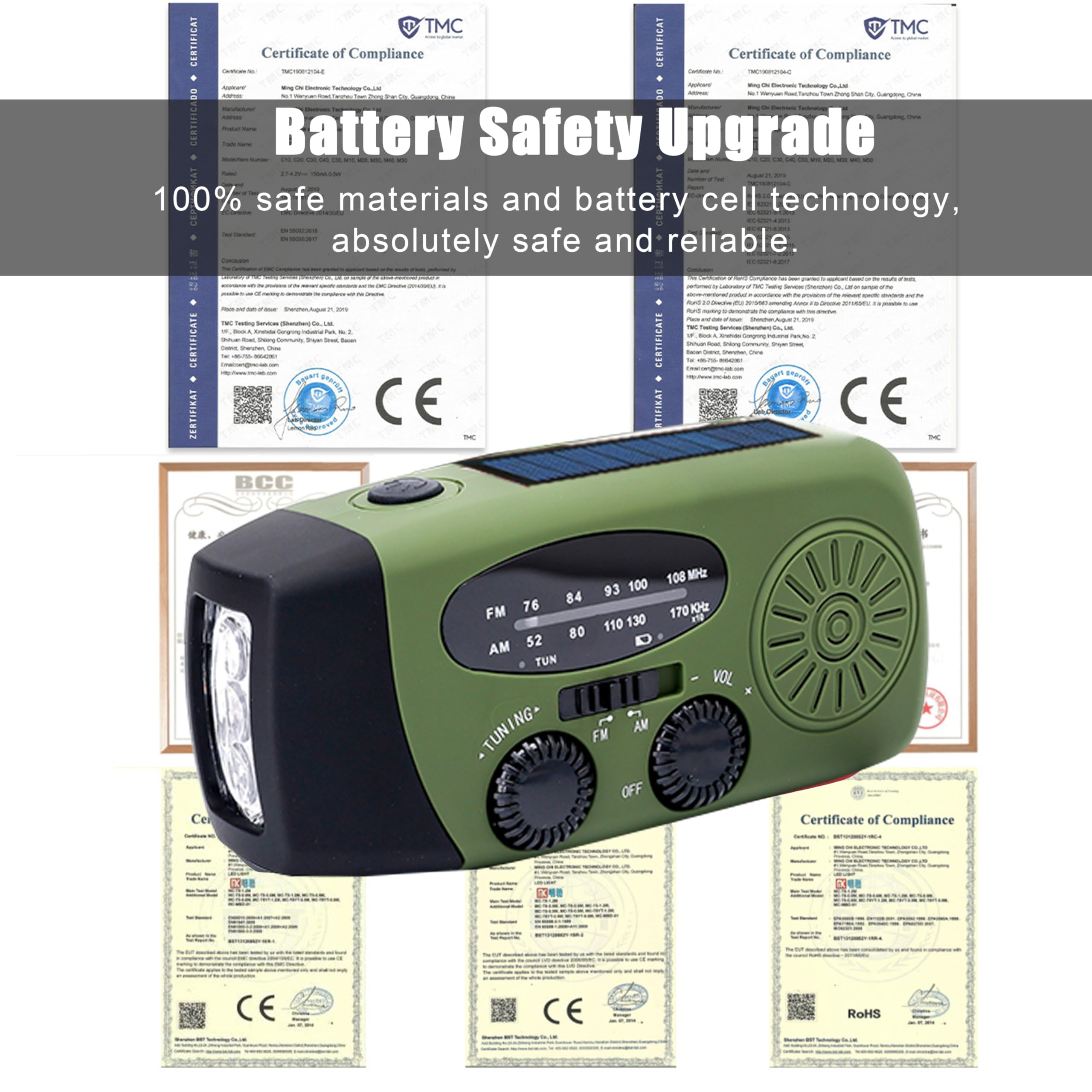 2 000 mAh uppfällbart solradio, nödbärbar handvevad väderradio, uppladdningsbar powerbank, 2-läges LED-ficklampa med SOS-larm LED-ficklampa, USB-telefonladdare, för nödsituationer, camping (grön)
