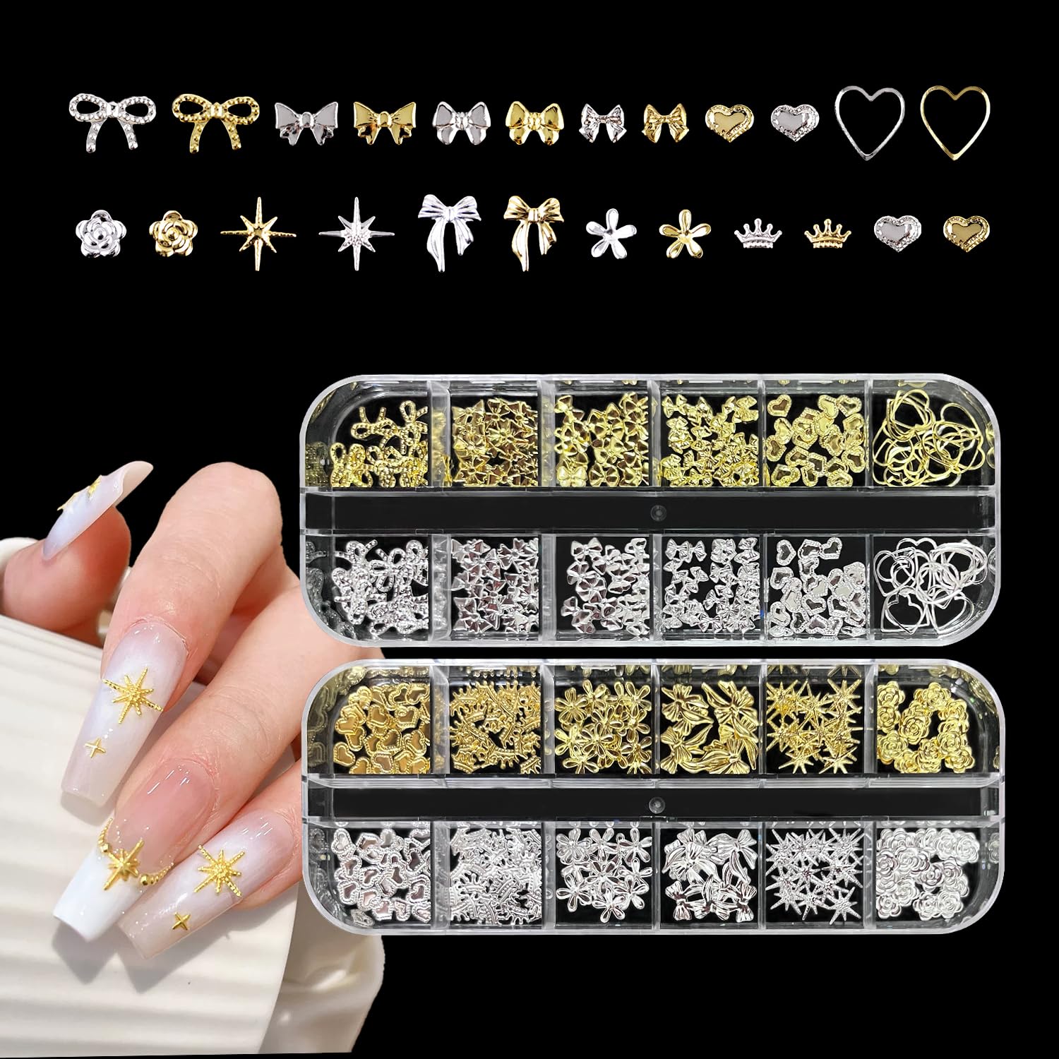Stjärnor Måne Nageldiamanter, 2 metallkåpor, guld och silver stjärnor, 3D-naglar, flera stilar, stjärnstift för kvinnor