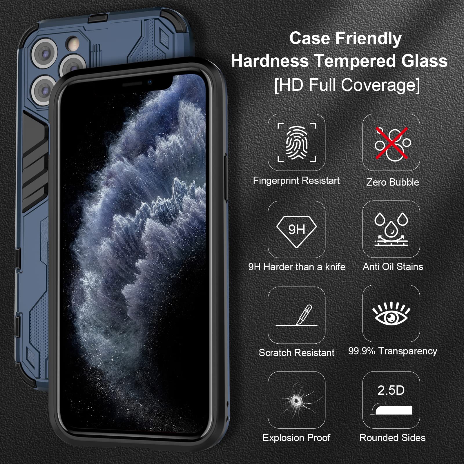Skal för iPhone 11 Pro Max med skärmskydd, standardfodral stativfunktion Shockproof Case- blå