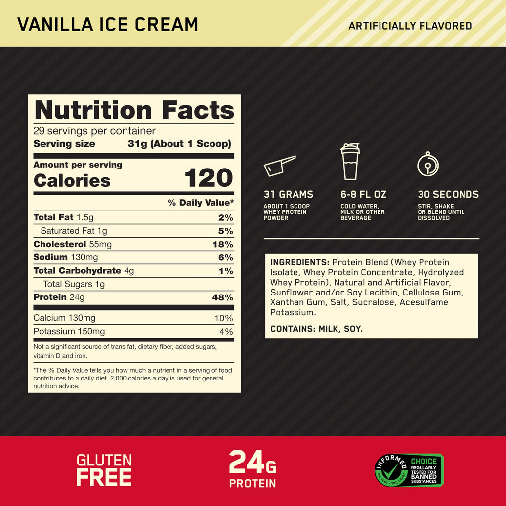 Optimum Nutrition Gold Standard 100% Whey Vassleprotein, Vanilla Ice Cream, 900g, 30 Portioner, Förpackningen Kan Variera