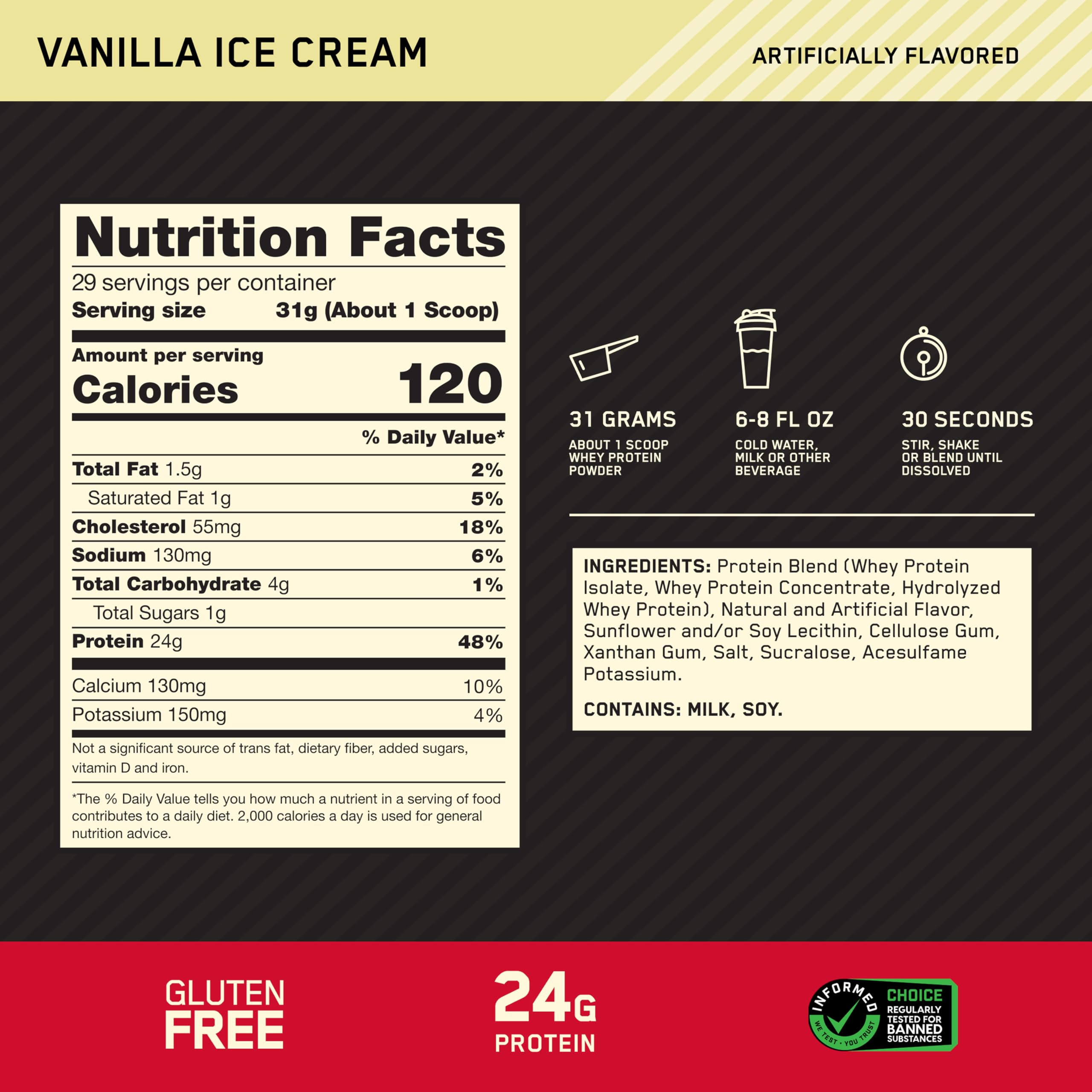Optimum Nutrition Gold Standard 100% Whey Vassleprotein, Vanilla Ice Cream, 900g, 30 Portioner, Förpackningen Kan Variera