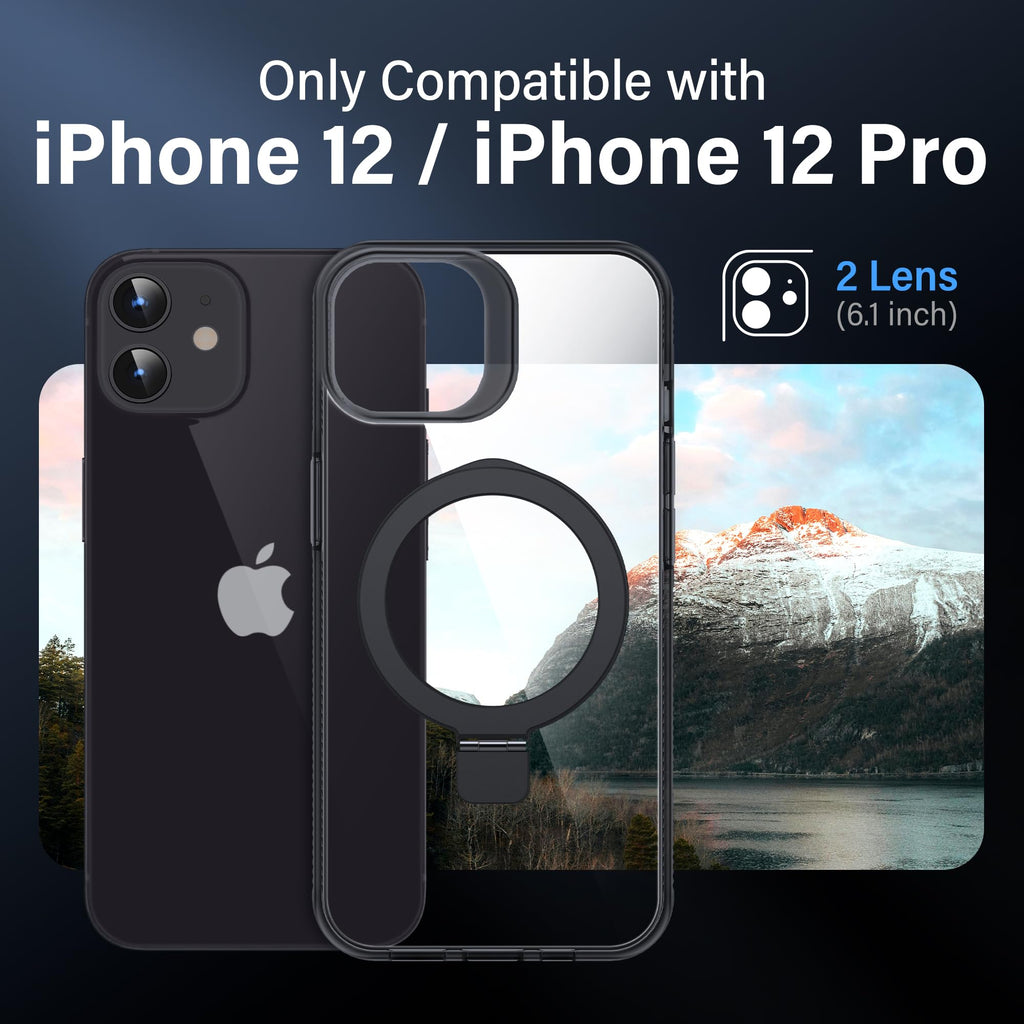 Magnetiskt skal för iPhone 12/12 Pro – inbyggt osynligt stativ, kompatibelt med MagSafe, militärklassat stötskydd, hård baksida med silikonkanter, gulnar inte, 6,1 tum, genomskinlig svart