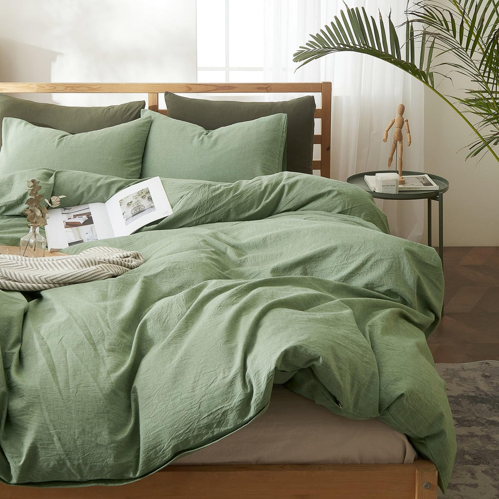 AMWAN Soft Sage Green Duvet Cover Twin 3 Piece Washed Cotton Bedding Sets Simple Style Light Green Comforter Cover Breathable Cotton Green Bedding Duvet Cover for Kids Boy Girl Adults Twin Bed Set