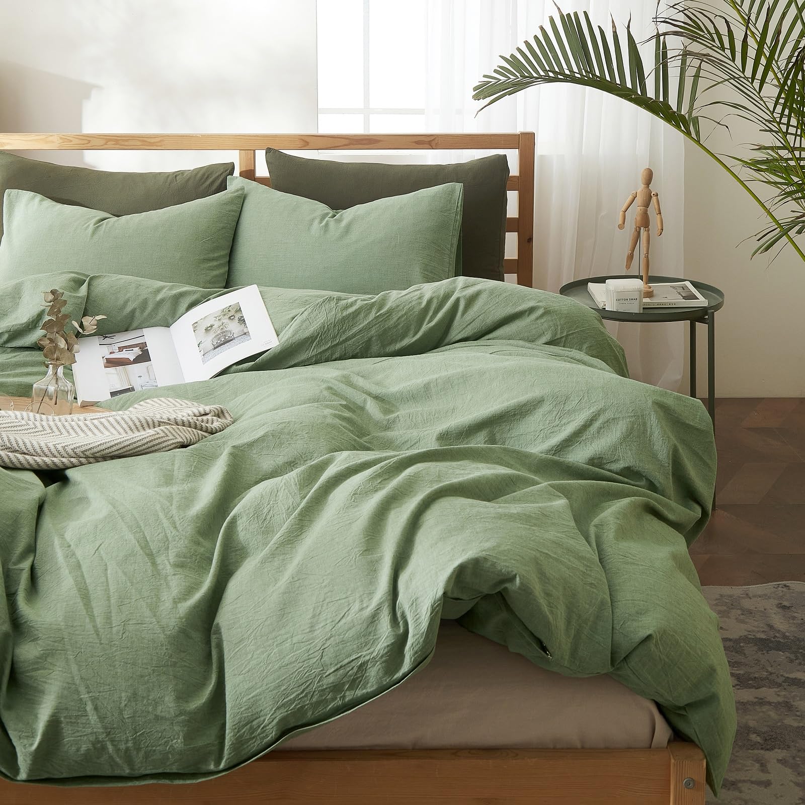 AMWAN Soft Sage Green Duvet Cover Twin 3 Piece Washed Cotton Bedding Sets Simple Style Light Green Comforter Cover Breathable Cotton Green Bedding Duvet Cover for Kids Boy Girl Adults Twin Bed Set