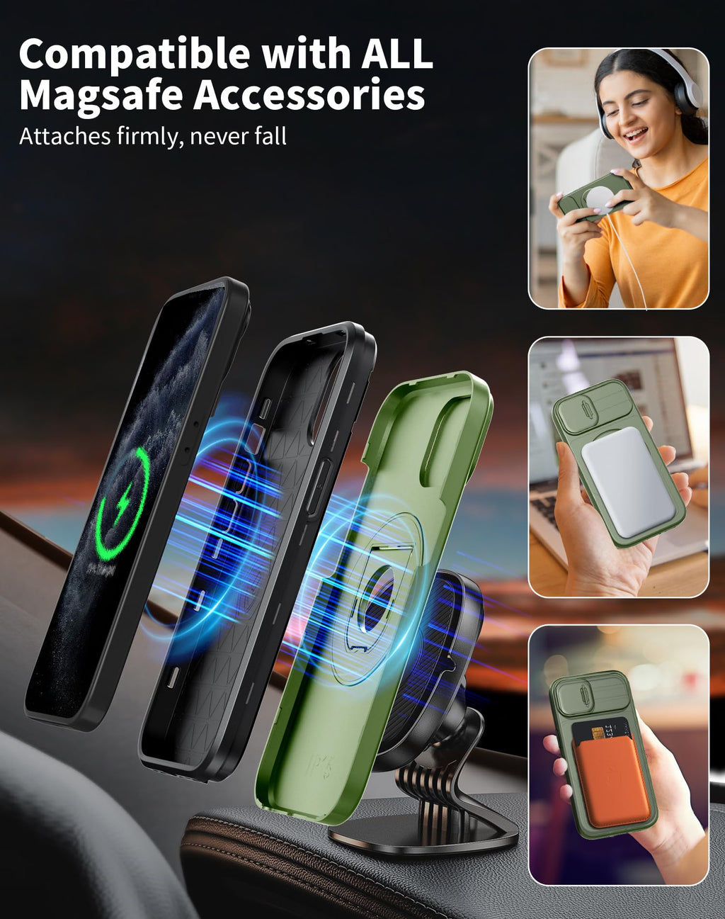 Magnetiskt skal för iPhone 11 Pro,kompatibelt med MagSafe trådlös laddning,med 2 skärmskydd,inbyggt 360° stativ + kameraskydd,reptåligt,stötsäkert,kraftigt skydd,Robust och hållbar,Grönt