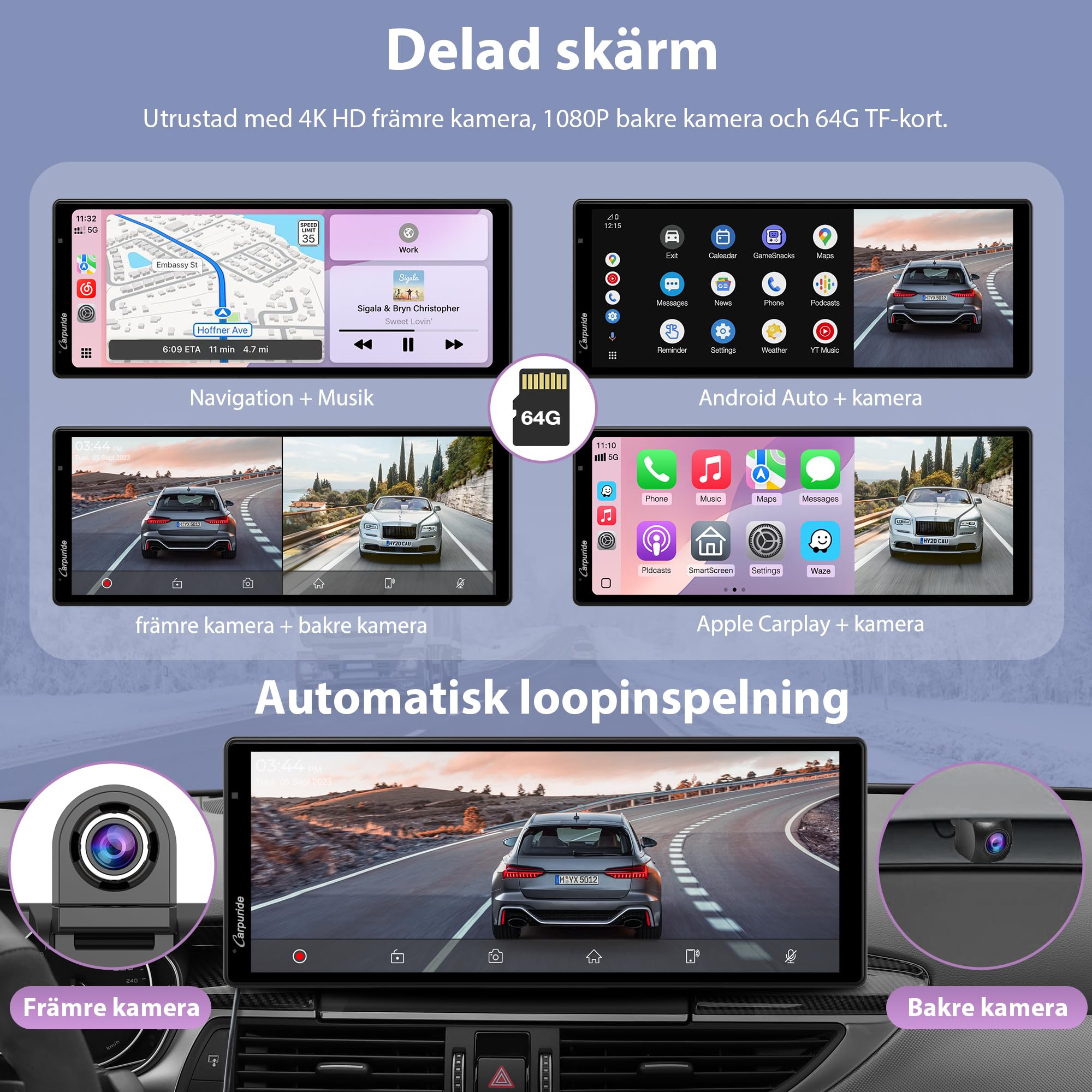 Carpuride Wireless Carplay & Android Auto med Dash Cam - 10,26" HD IPS Touch Car Play-skärm för bil, 4K Front & 1080P Bakre kamera, Loop Recording, Bluetooth Audio, Mirror Link, GPS, Siri