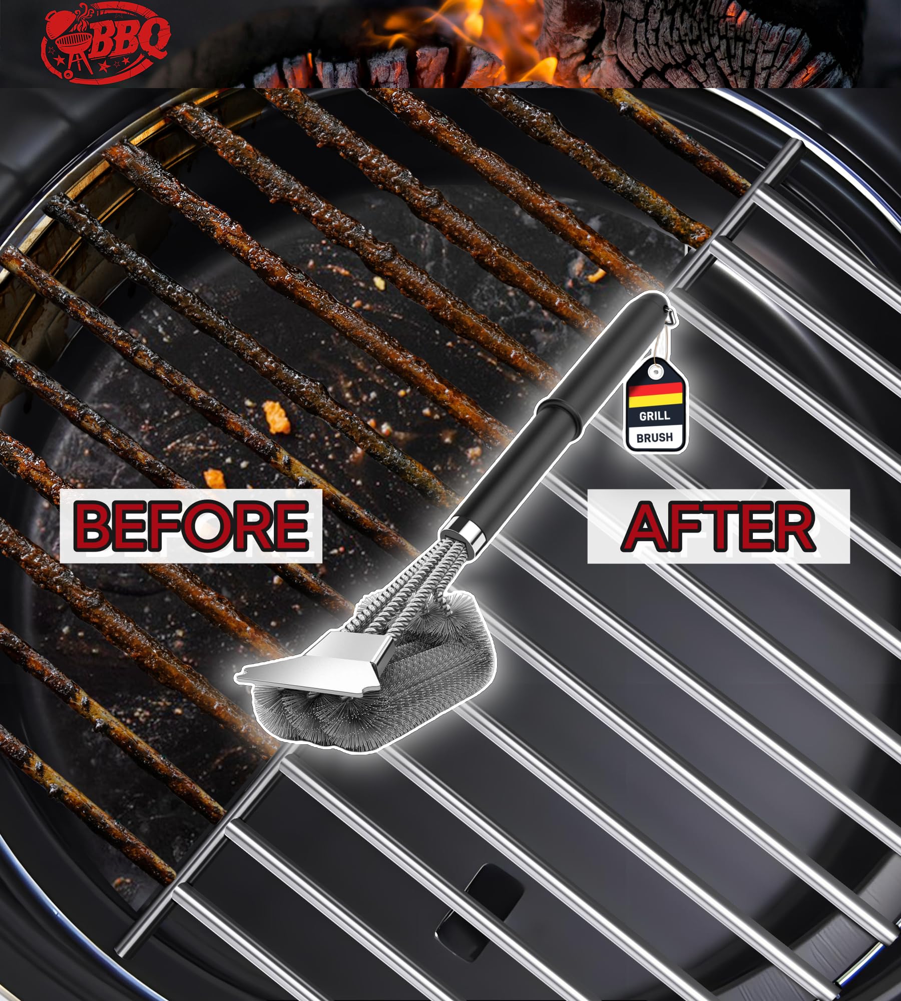 Grillborste, TNTOR grillrengöringsborste med extra långa borst i rostfritt stål, spatel i rostfritt stål och PP-värmeisolerande handtag, för gasgrill, kolgrill, kulgrill, elgrill och grillgaller.