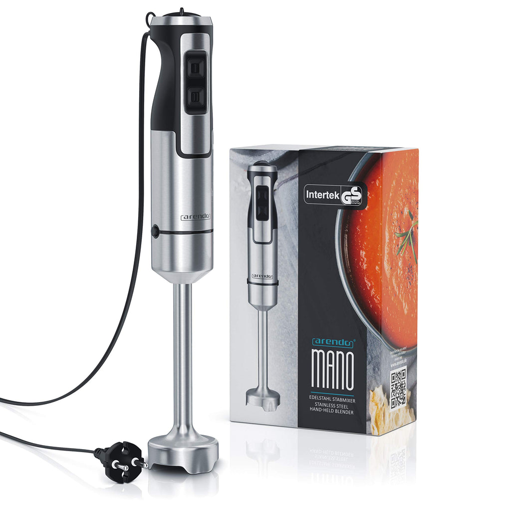 Arendo – stavmixer 1 000 watt rostfritt stål set – fyrbladig kniv – puréstav – steglös hastighetskontroll – turboknapp – avtagbar mixfot