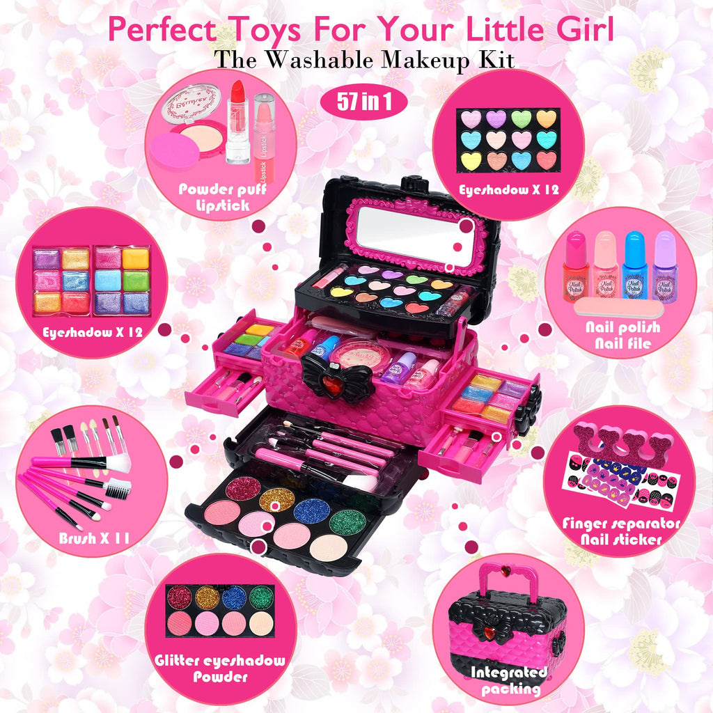 Barnsmink set flickor leksaker presenter – tvättbar sminkväska barn, smink barn makeup set spel, prinsessa jul födelsedagspresent presenter för flickor 4 5 6 7 8 9 10 11 12 år