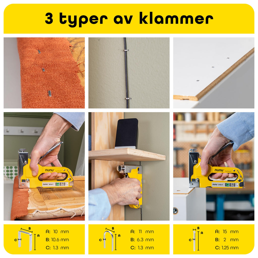 Rapid NUNU 3-i-1 Häftpistol med 3 000 Häftklamrar och Häftstift, Slitstark Stålpistol För Gör Det Själv, Trä/Vägg/Möbeltapetsering/Heltäckningsmatta, Justerbar kraft, Ergonomisk Design (5001728)
