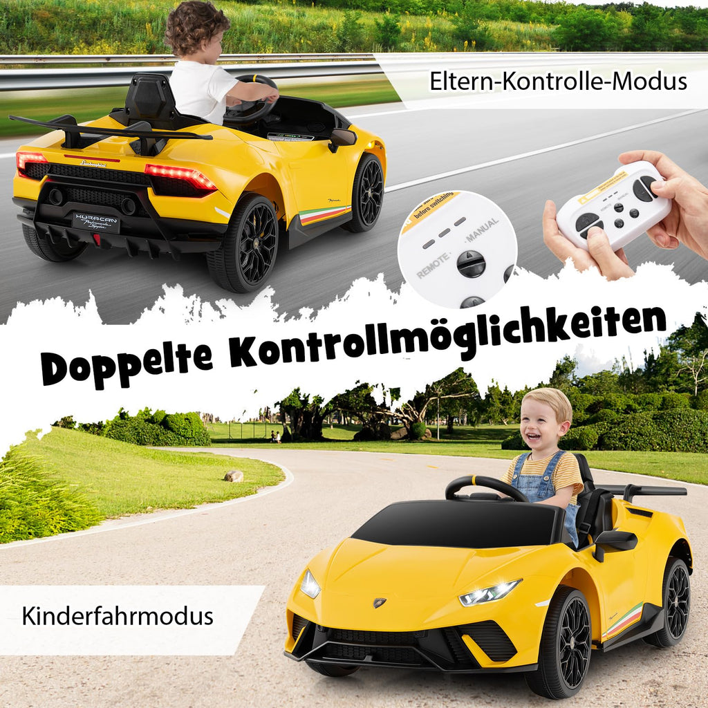 COSTWAY Elektrisk bil Lamborghini, 12 V elektrisk barnbil med fjärrkontroll och LED-lampor och tuta och musik och USB, 3-växlad elfordon 3–5 km/h, elbil för barn från 3 år (gul)