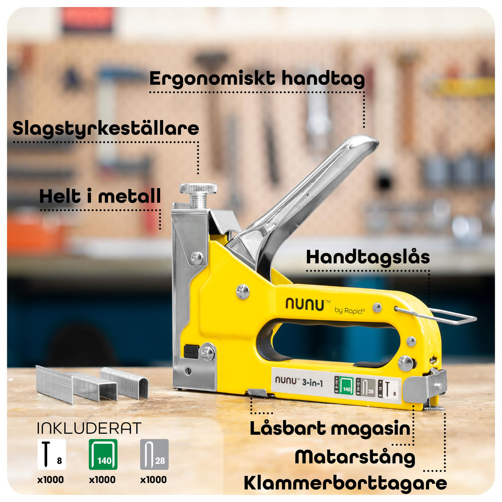 Rapid NUNU 3-i-1 Häftpistol med 3 000 Häftklamrar och Häftstift, Slitstark Stålpistol För Gör Det Själv, Trä/Vägg/Möbeltapetsering/Heltäckningsmatta, Justerbar kraft, Ergonomisk Design (5001728)