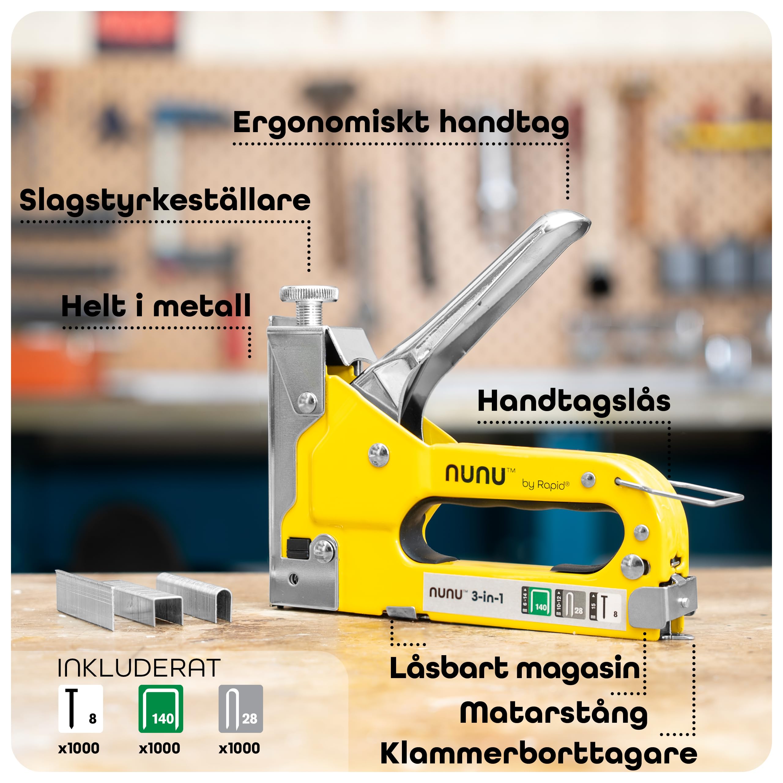 Rapid NUNU 3-i-1 Häftpistol med 3 000 Häftklamrar och Häftstift, Slitstark Stålpistol För Gör Det Själv, Trä/Vägg/Möbeltapetsering/Heltäckningsmatta, Justerbar kraft, Ergonomisk Design (5001728)