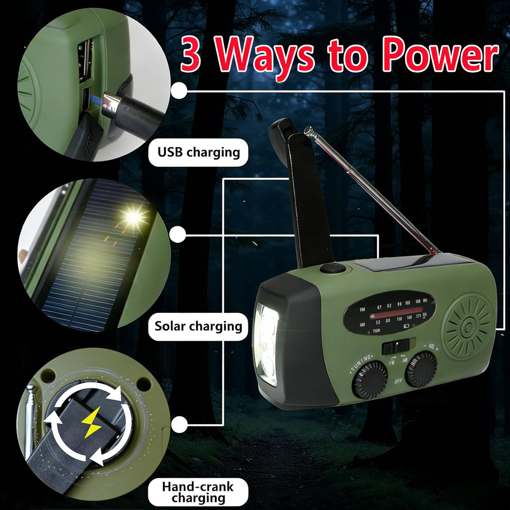 2 000 mAh uppfällbart solradio, nödbärbar handvevad väderradio, uppladdningsbar powerbank, 2-läges LED-ficklampa med SOS-larm LED-ficklampa, USB-telefonladdare, för nödsituationer, camping (grön)