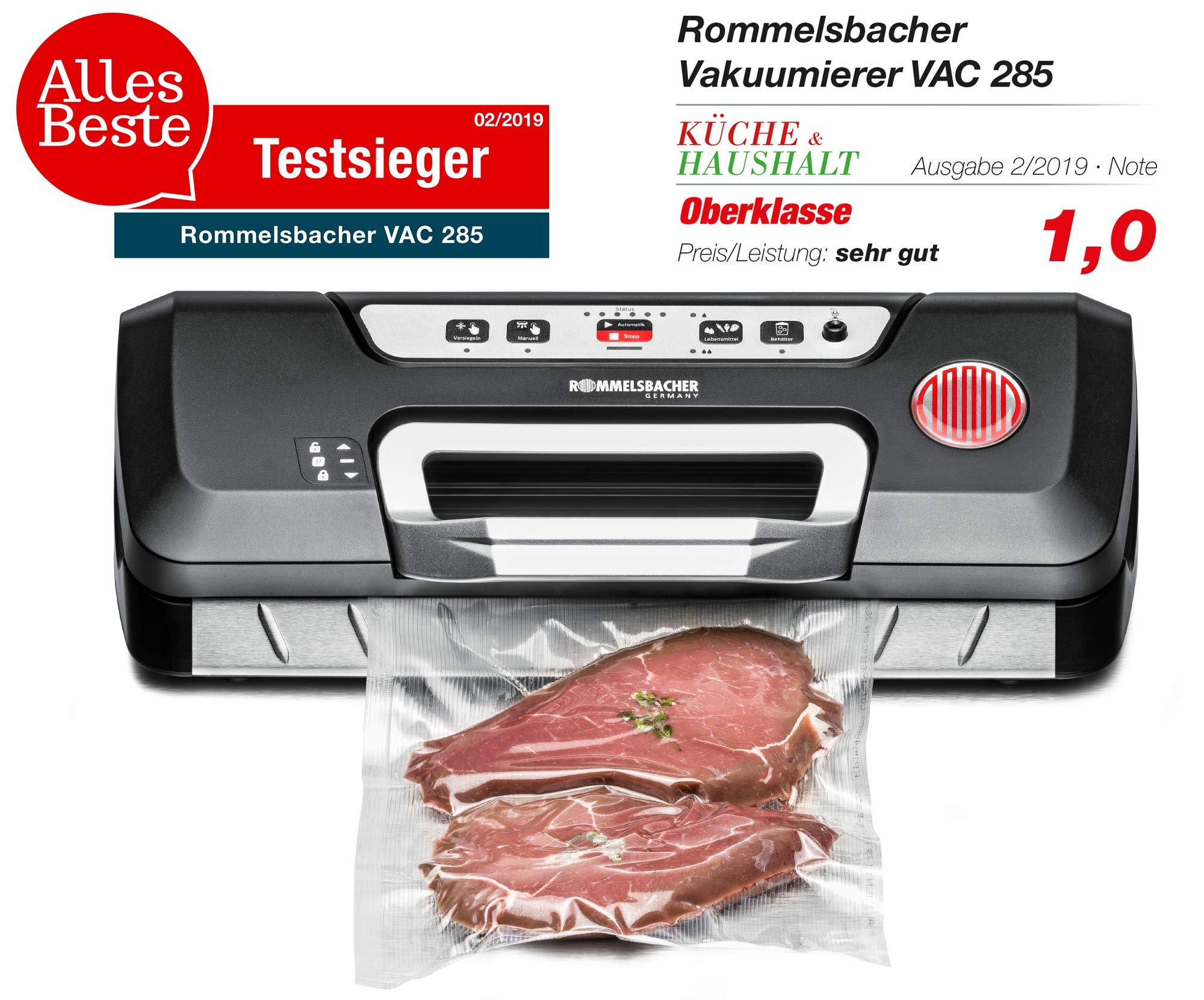 ROMMELSBACHER vakuumtätare VAC 285 – sugkraft 9 liter/min., enhandshantering, för långvarig drift, helautomatisk Vakuumisering och tätning, 2 tätningstider, för folie upp till 30 cm bredd