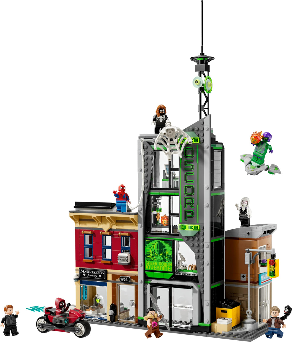 LEGO Marvel Spider-Man mot Oscorp, Byggset för barn, Innehåller minifigurer av Spider-Woman, Miles Morales, Ghost-Spider och Green Goblin, Present för pojkar och flickor att samla 76324