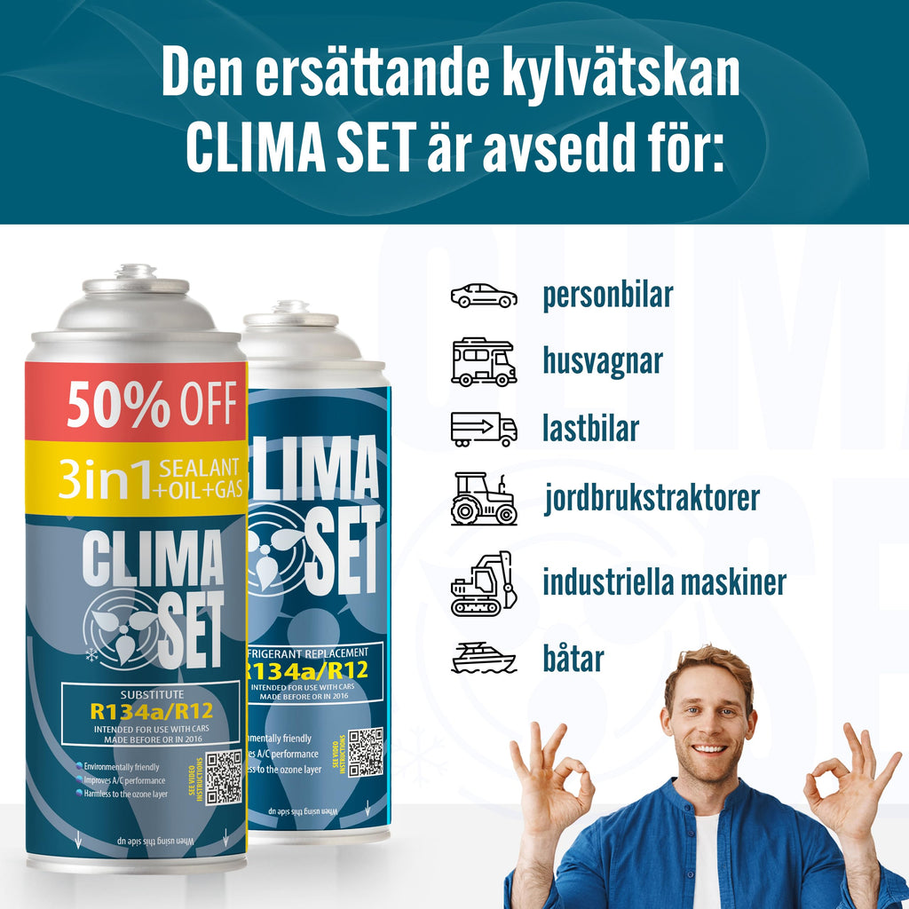 ClimaSet A/C Gas för billuftkonditionering - R134a-ersättning – för bilar 1994 till 2016 – Naturmedvetna – Giftfri – Korrosionsbeständig – 2 delar – 560 g