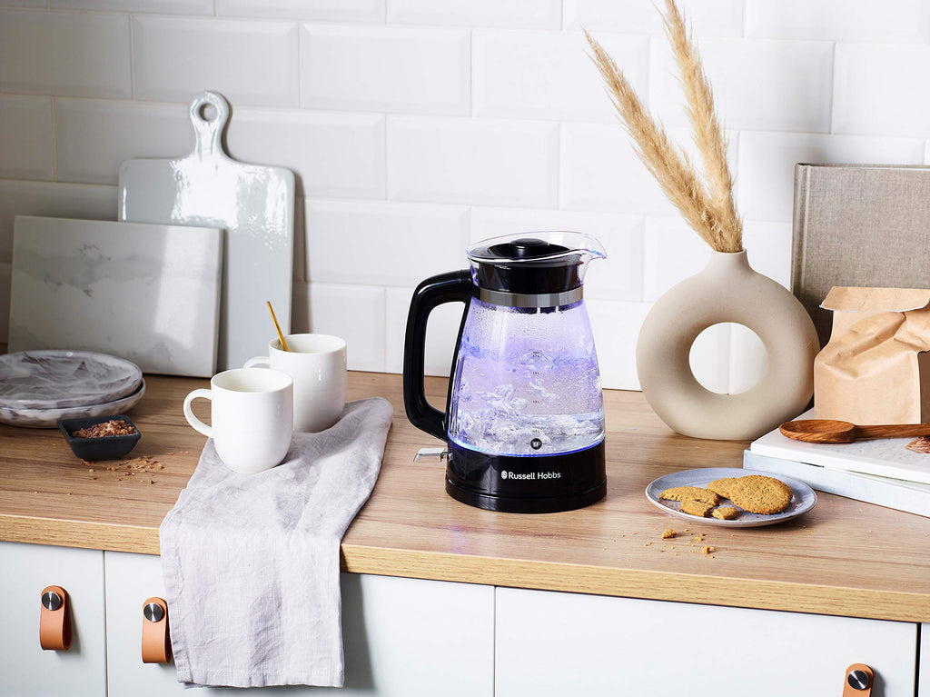 Russell Hobbs Vattenkokare i glas, 1.7l, 2400W, blå LED-belysning, snabbkokningsfunktion, avtagbart lock, perfekt hällpip, 360° bas med sladdförvaring, Classic 26080-70