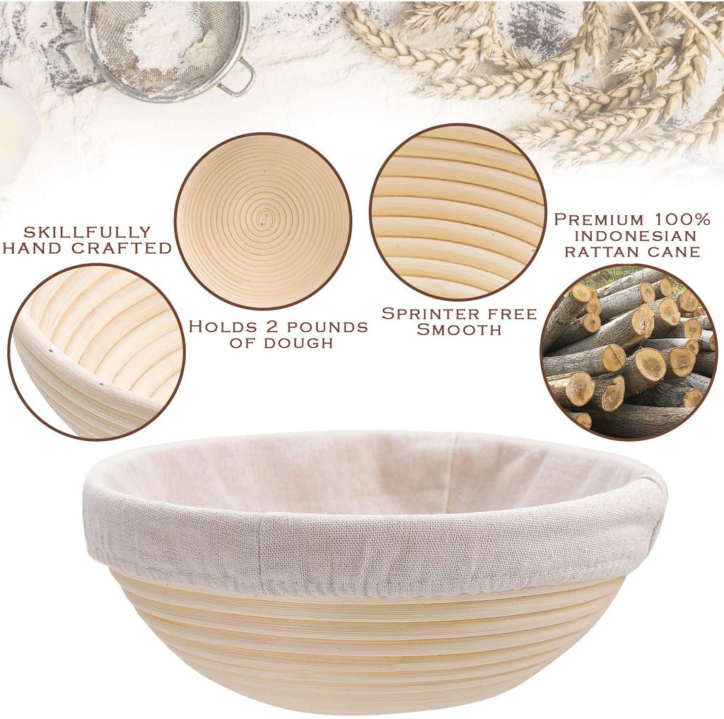 Bread Proofing Basket Set Of 2 Round and Oval, Banneton Proofing Basket + Danish Dough Whisk + Bread Scoring Lame + Stainless Steel Dough Scraper + Flexible Dough Scraper, Sourdough Tools Kit