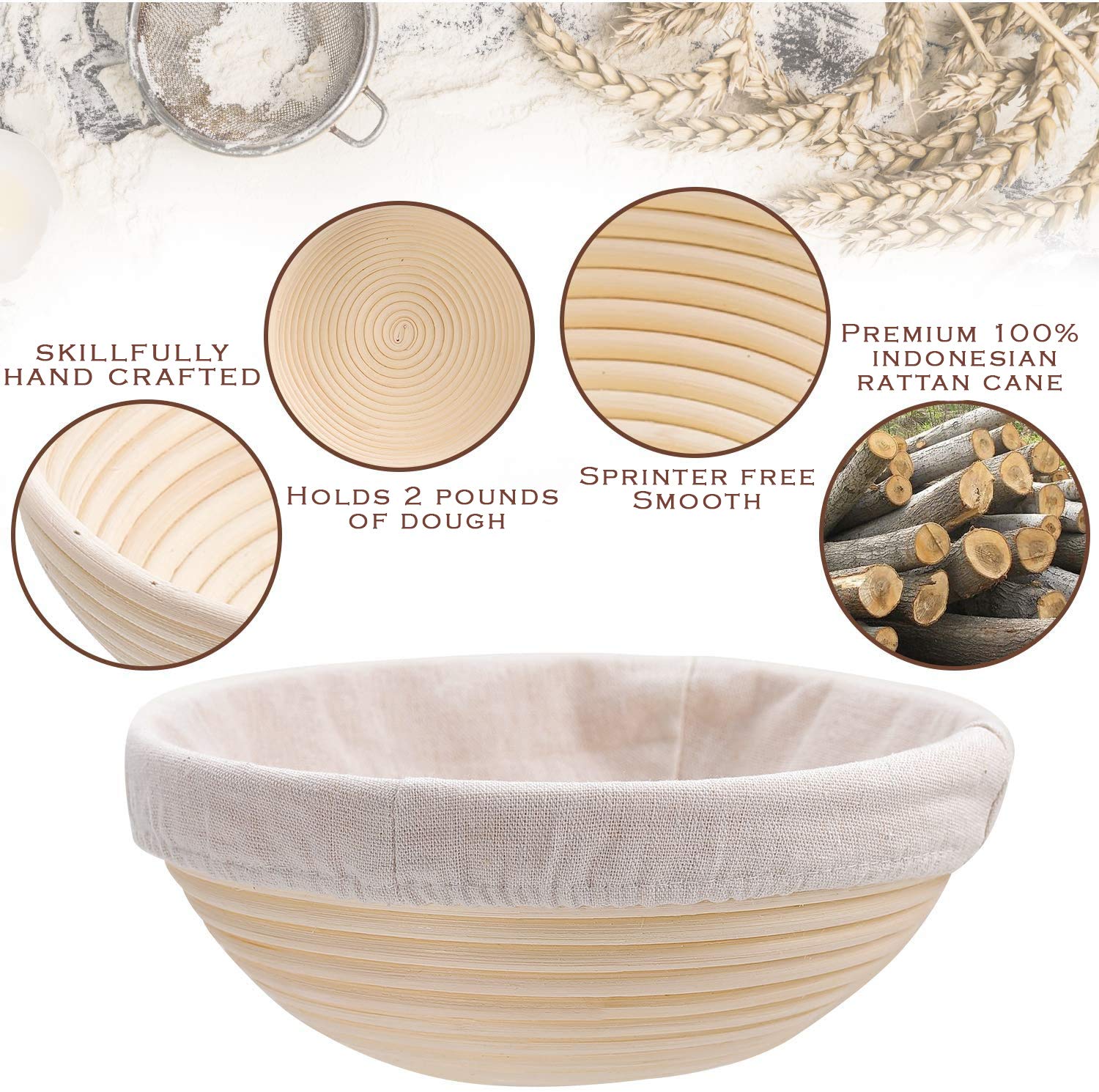 Bread Proofing Basket Set Of 2 Round and Oval, Banneton Proofing Basket + Danish Dough Whisk + Bread Scoring Lame + Stainless Steel Dough Scraper + Flexible Dough Scraper, Sourdough Tools Kit