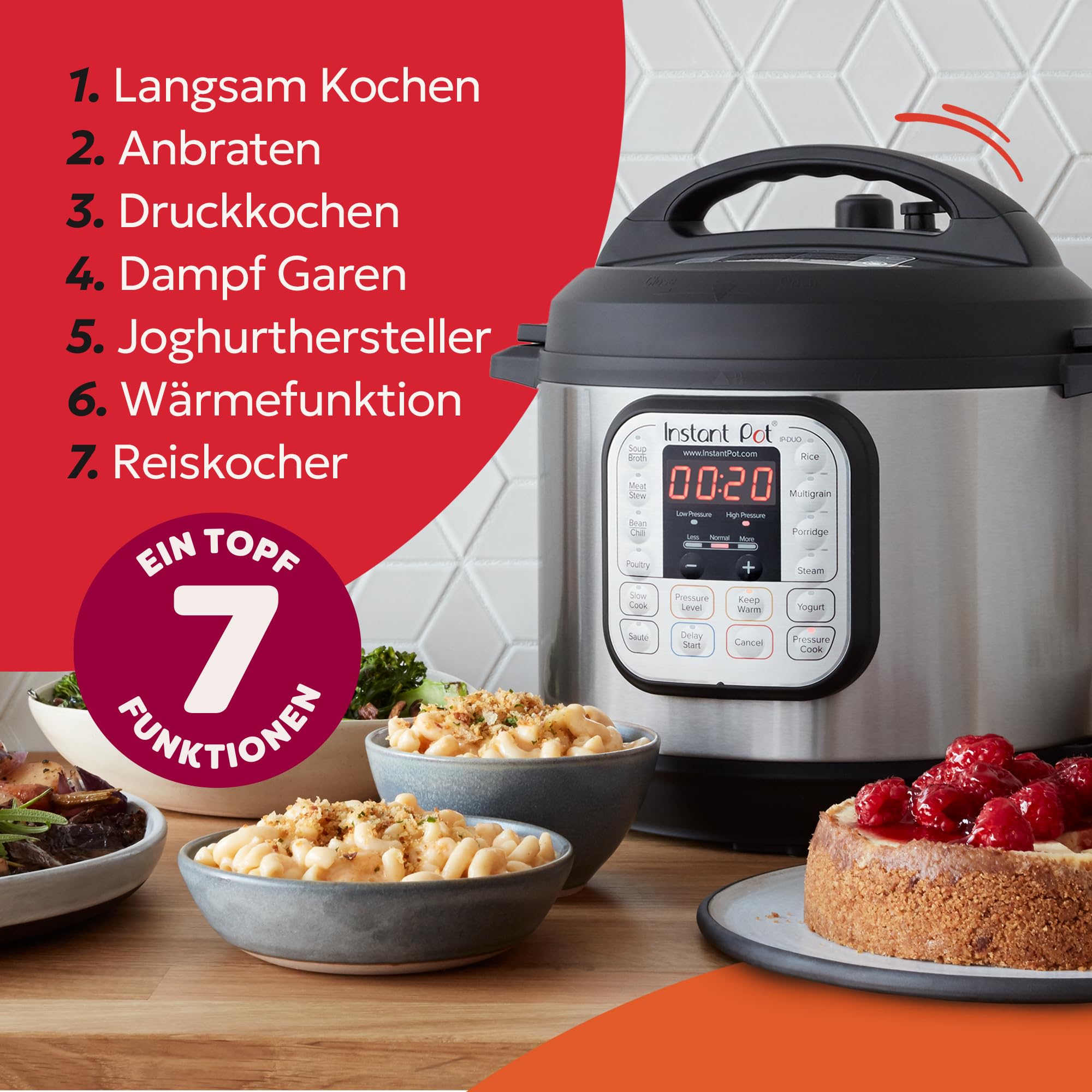 Instant Pot Duo 7 i 1 multifunktionell tryckkokare, riskokare, fritös, yoghurtkokare, ångkokare och värmeplatta - Rostfritt stål - 5,7 L