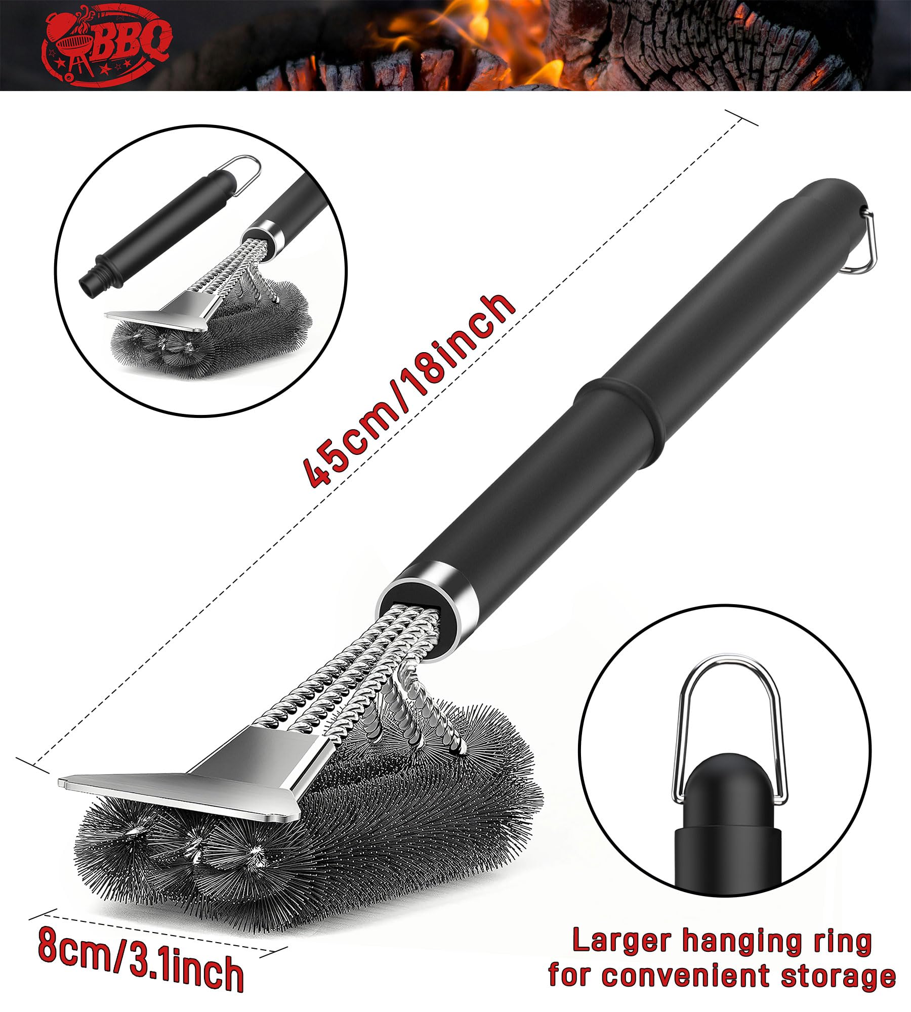 Grillborste, TNTOR grillrengöringsborste med extra långa borst i rostfritt stål, spatel i rostfritt stål och PP-värmeisolerande handtag, för gasgrill, kolgrill, kulgrill, elgrill och grillgaller.