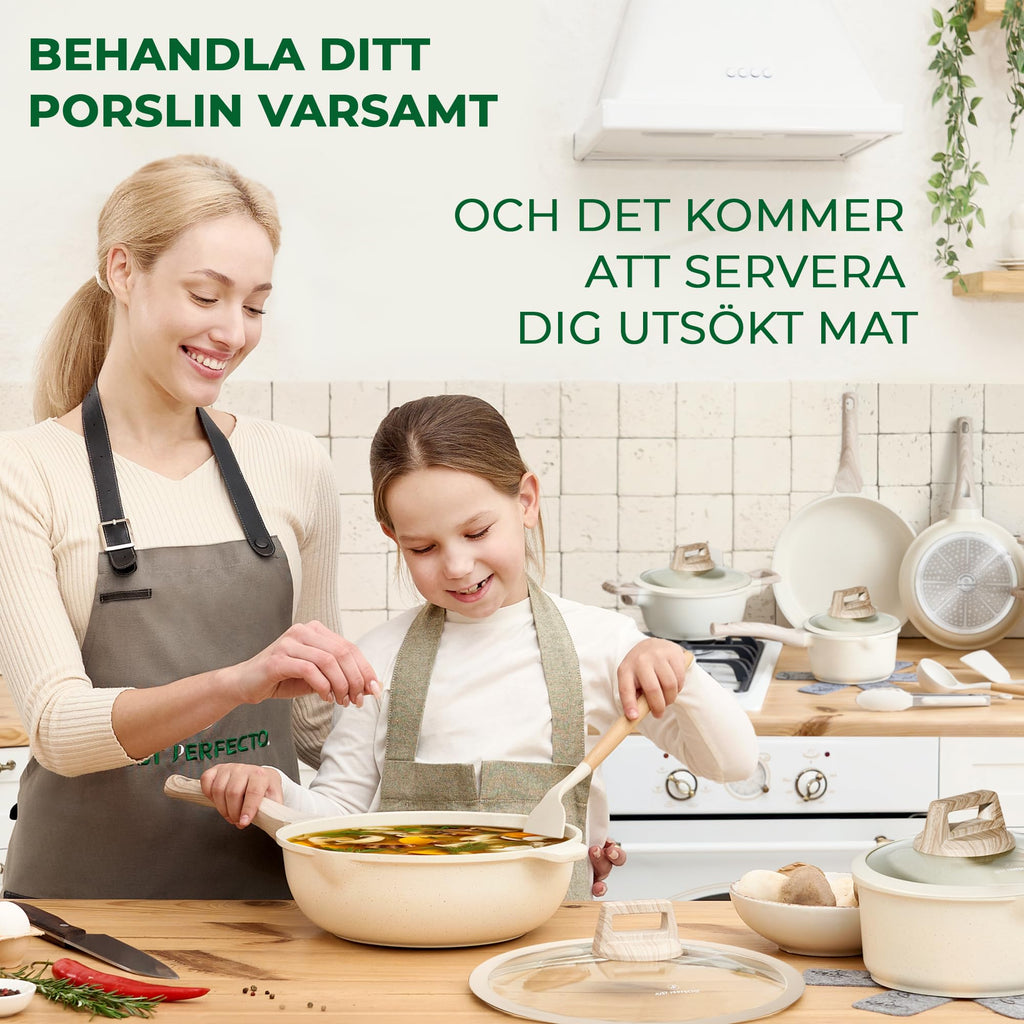 Just Perfecto Set med 21 kastruller och stekpannor, non-stick köksredskapsset, vit granit, induktion, non-stick set med stekpannor och kastruller (PFOS, PFOA-fri) (Biege)