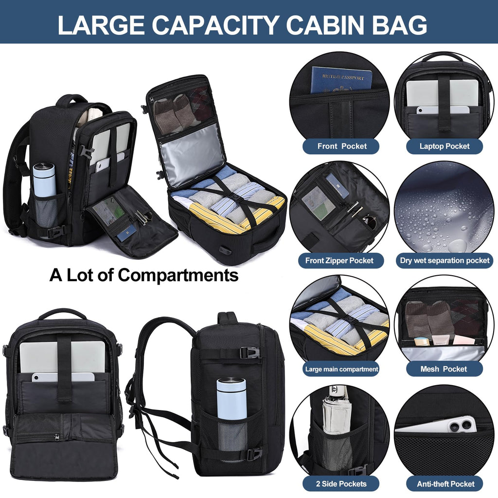 Handbagage Reseryggsäck 40x30x20 Kabinbagage 40x30x20 för Ryanair Wizzair, Under Säte Kabinväska Reseryggsäck med USB-laddningsport Laptopryggsäck14 tum Kabinväska för Män Kvinnor, Svart