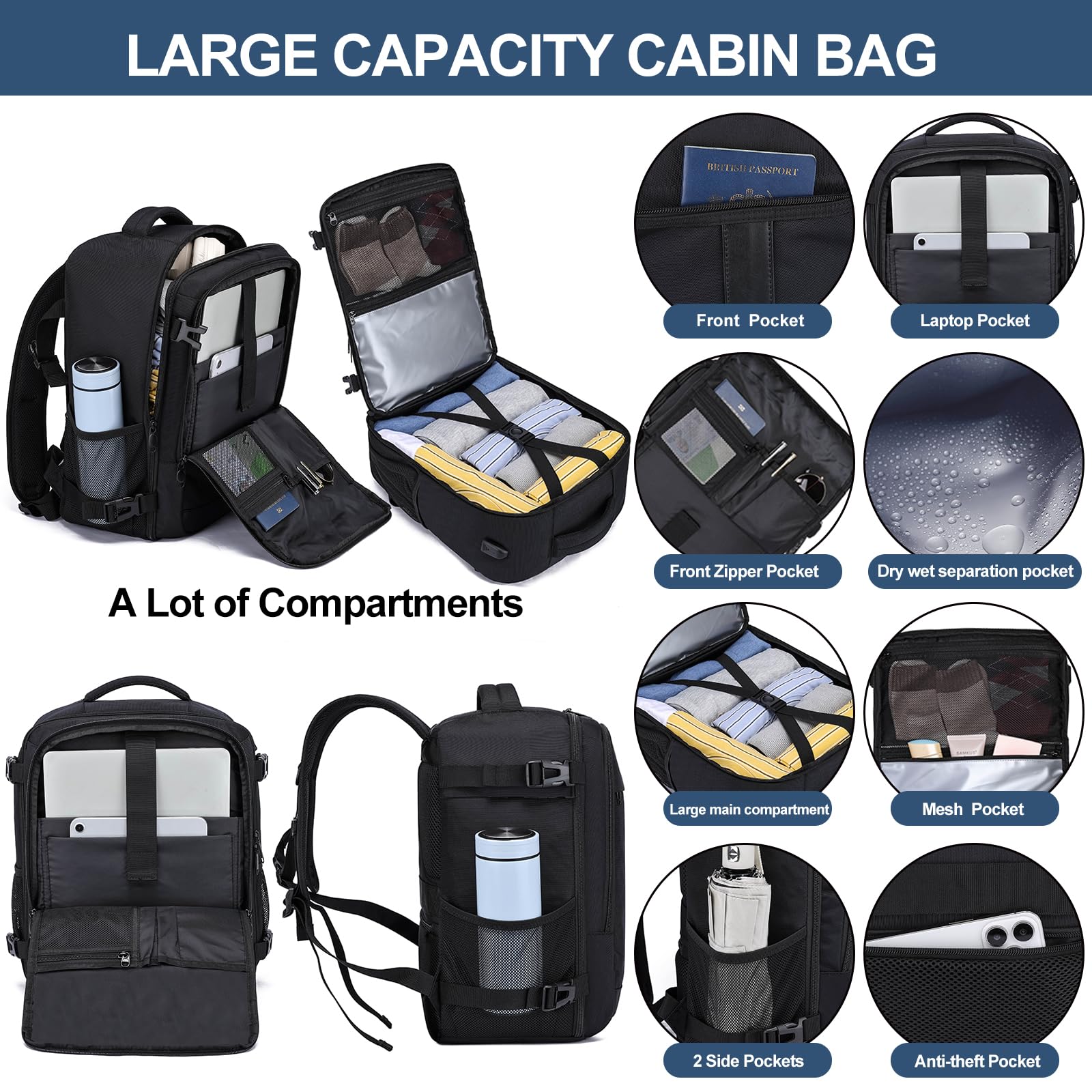 Handbagage Reseryggsäck 40x30x20 Kabinbagage 40x30x20 för Ryanair Wizzair, Under Säte Kabinväska Reseryggsäck med USB-laddningsport Laptopryggsäck14 tum Kabinväska för Män Kvinnor, Svart