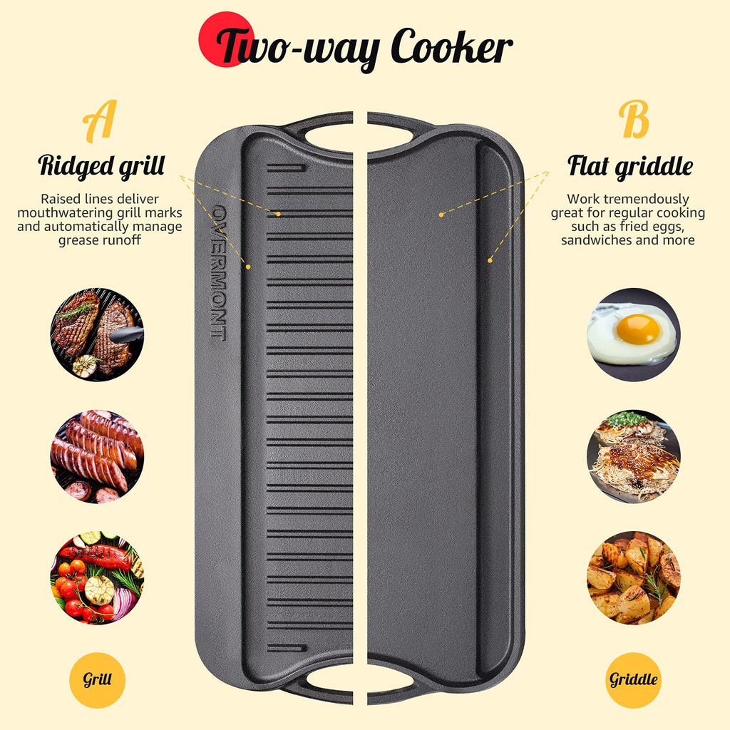 OVERMONT Gjutjärnsplatta, grillplatta, gjutjärn, dubbelsidig – grill med handtag 43,2 x 24,9 cm – för grill, spis, träkolgrill, gasgrill