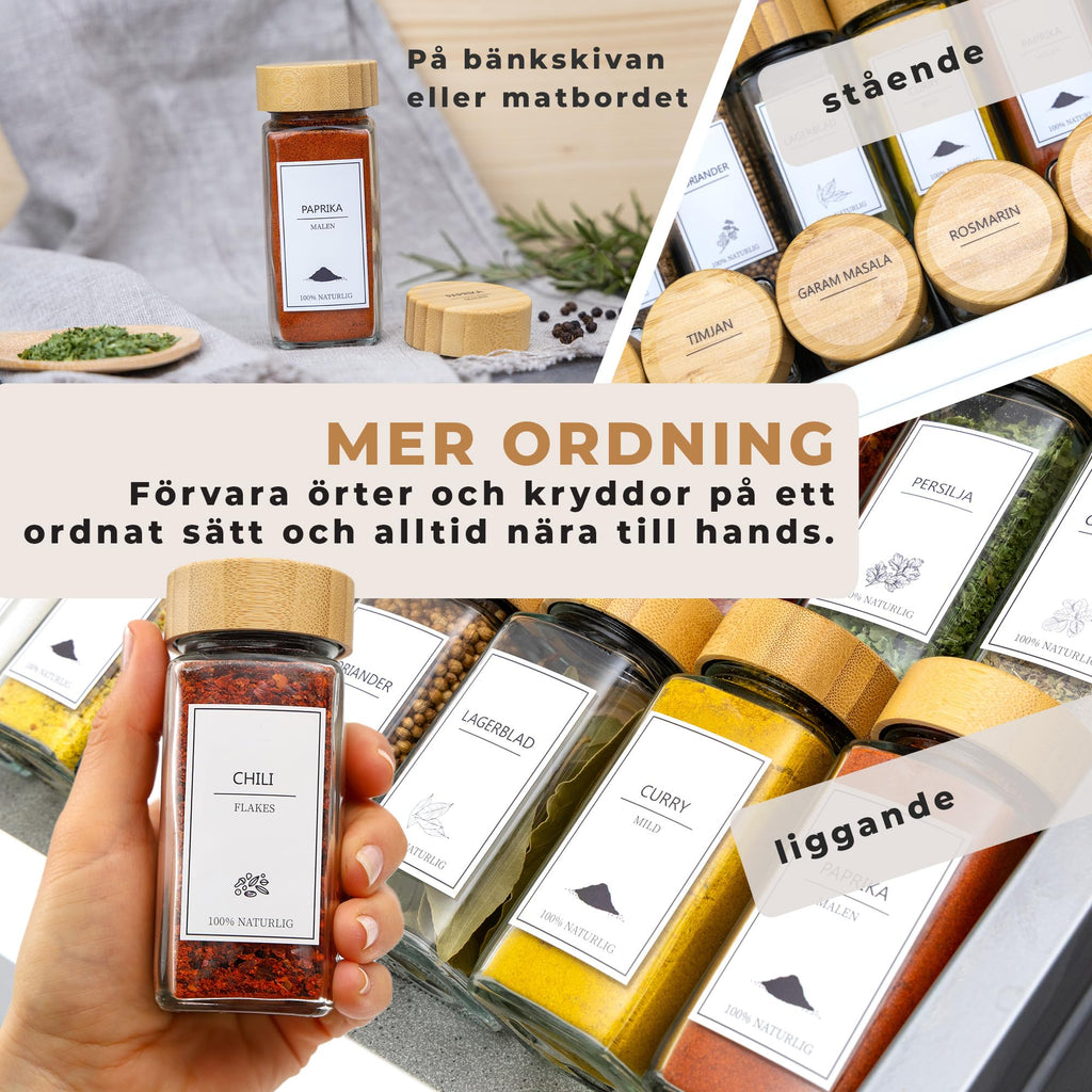 Comforder – Kryddburkar i Glas med Trälock – 336 Svenska Etiketter – 24-pack – 120 ml – Med Tillbehör (Bamboo)