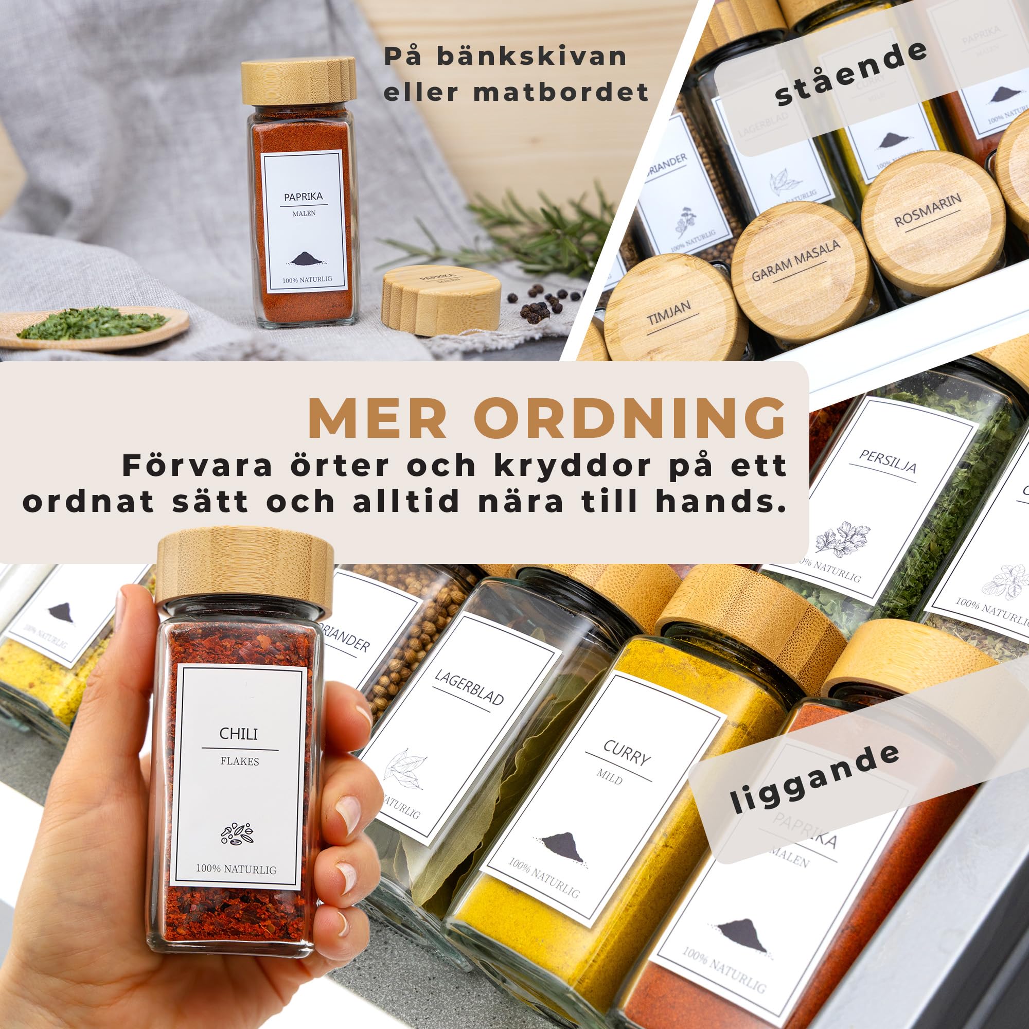 Comforder – Kryddburkar i Glas med Trälock – 336 Svenska Etiketter – 24-pack – 120 ml – Med Tillbehör (Bamboo)