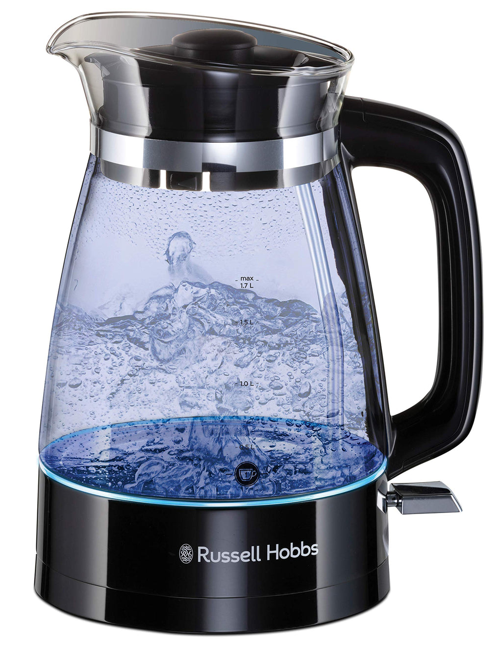 Russell Hobbs Vattenkokare i glas, 1.7l, 2400W, blå LED-belysning, snabbkokningsfunktion, avtagbart lock, perfekt hällpip, 360° bas med sladdförvaring, Classic 26080-70