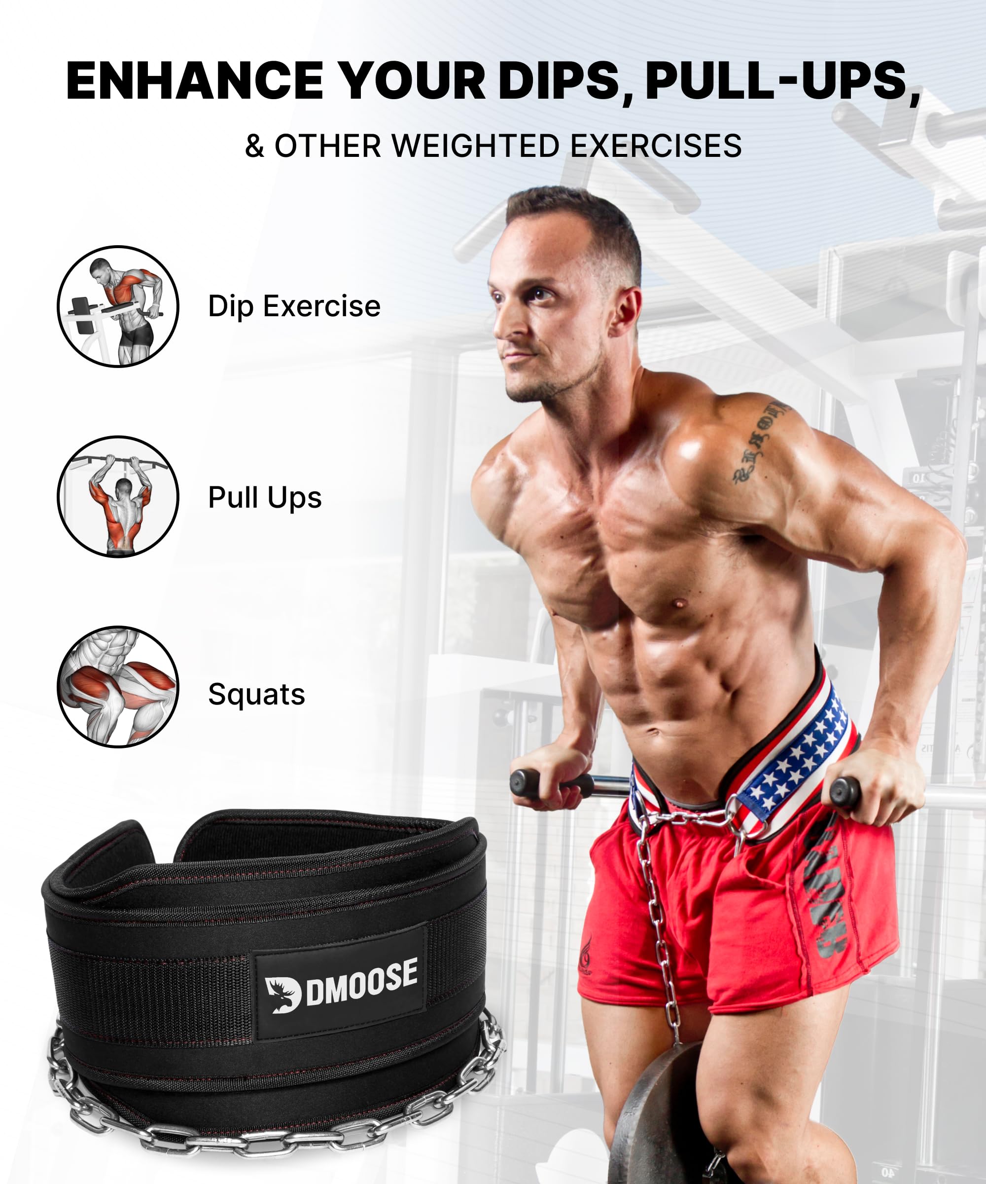 DMoose dippbälte med 80 cm kraftig stållyftkedja för pull-ups, träning, tyngdlyftning, tyngdlyftning och bodybuilding träning, bekvämt doppbälte med ryggstöd i neopren