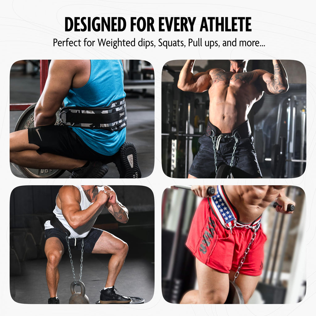 DMoose dippbälte med 80 cm kraftig stållyftkedja för pull-ups, träning, tyngdlyftning, tyngdlyftning och bodybuilding träning, bekvämt doppbälte med ryggstöd i neopren