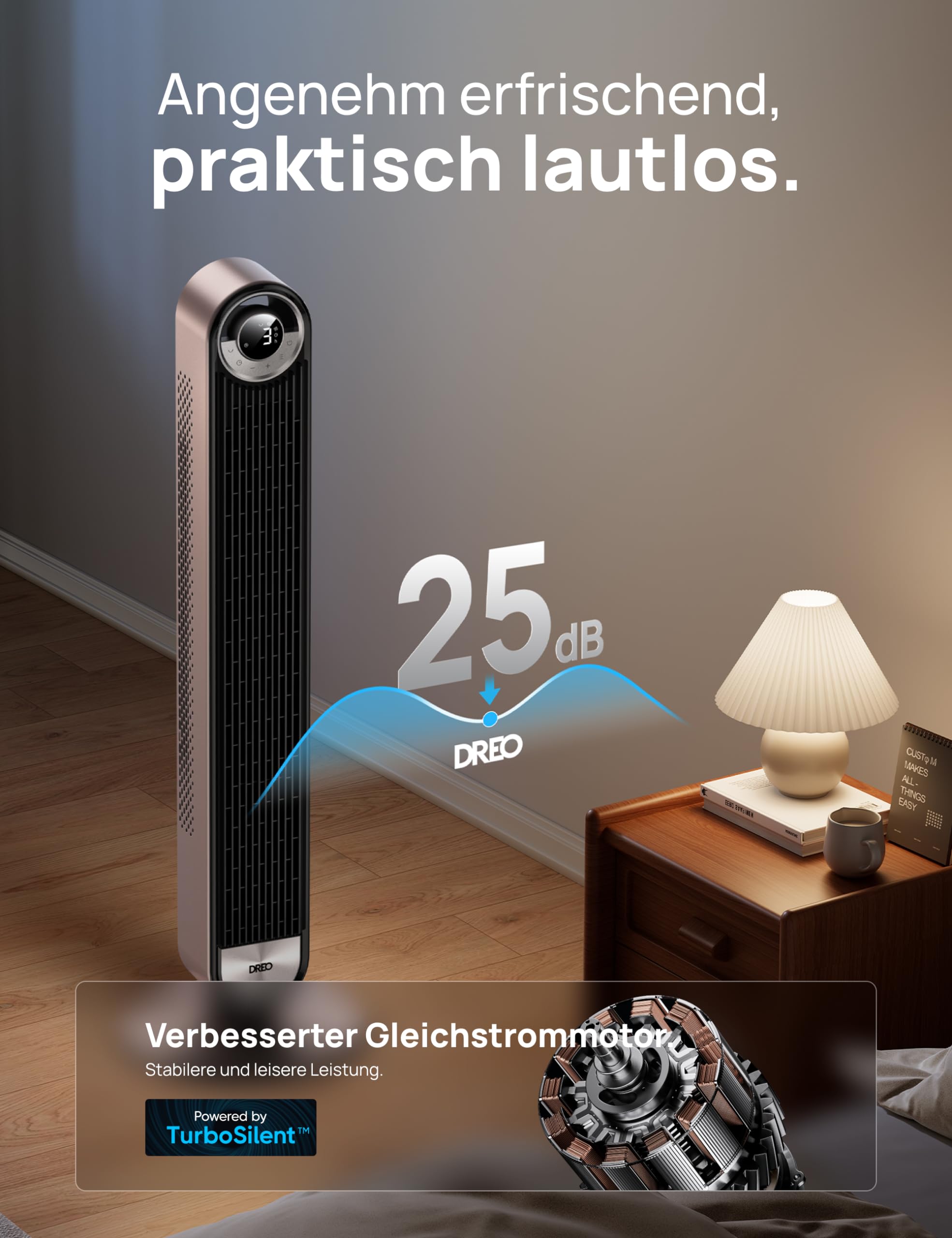 Dreo 25 dB tyst smart tornfläkt, 106 cm höjd 4 lägen 9 hastigheter max 7,9 m/s 12 h timer 90° oscillerande fläkt med fjärrkontroll röststyrning kylning, Cruiser Pro T2S,