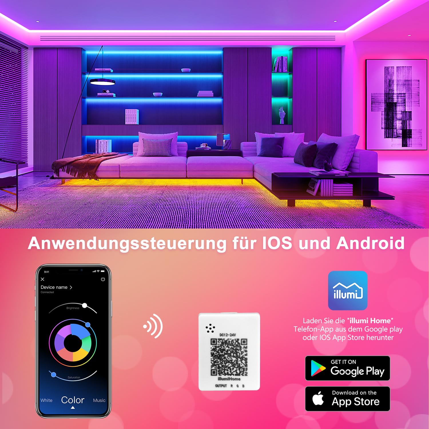 LED-band 15m Bluetooth, RGB-band flerfärgad app-kontroll, band med fjärrkontroll och 44 knappar, synkronisera med musikrytm/minuteringsfunktion, för rum
