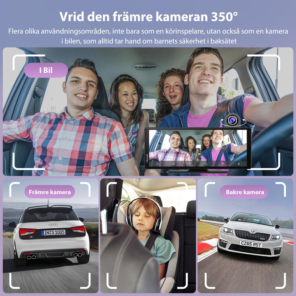 Carpuride Wireless Carplay & Android Auto med Dash Cam - 10,26" HD IPS Touch Car Play-skärm för bil, 4K Front & 1080P Bakre kamera, Loop Recording, Bluetooth Audio, Mirror Link, GPS, Siri