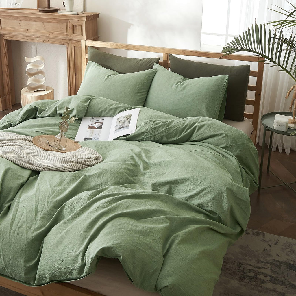 AMWAN Soft Sage Green Duvet Cover Twin 3 Piece Washed Cotton Bedding Sets Simple Style Light Green Comforter Cover Breathable Cotton Green Bedding Duvet Cover for Kids Boy Girl Adults Twin Bed Set