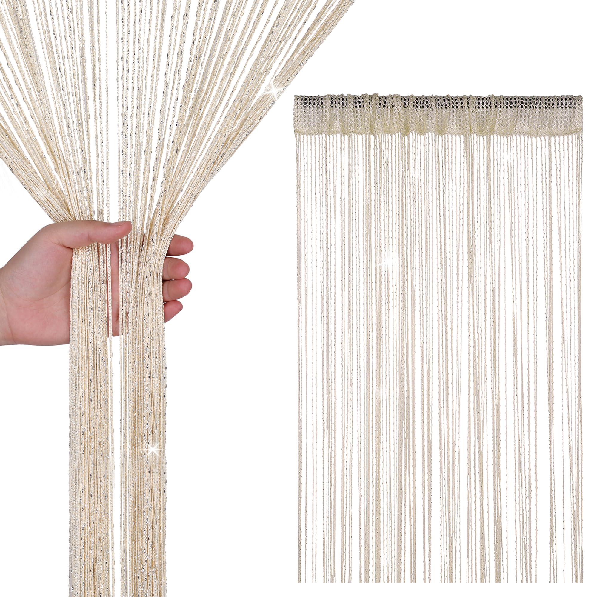WedDecor Beige snörgardiner, glitter, franspanel, flygskärm, rumsavdelare, tofsgardin för dörrar, dörröppning, fönster, heminredning, evenemang dekoration 90 cm x 200 cm)