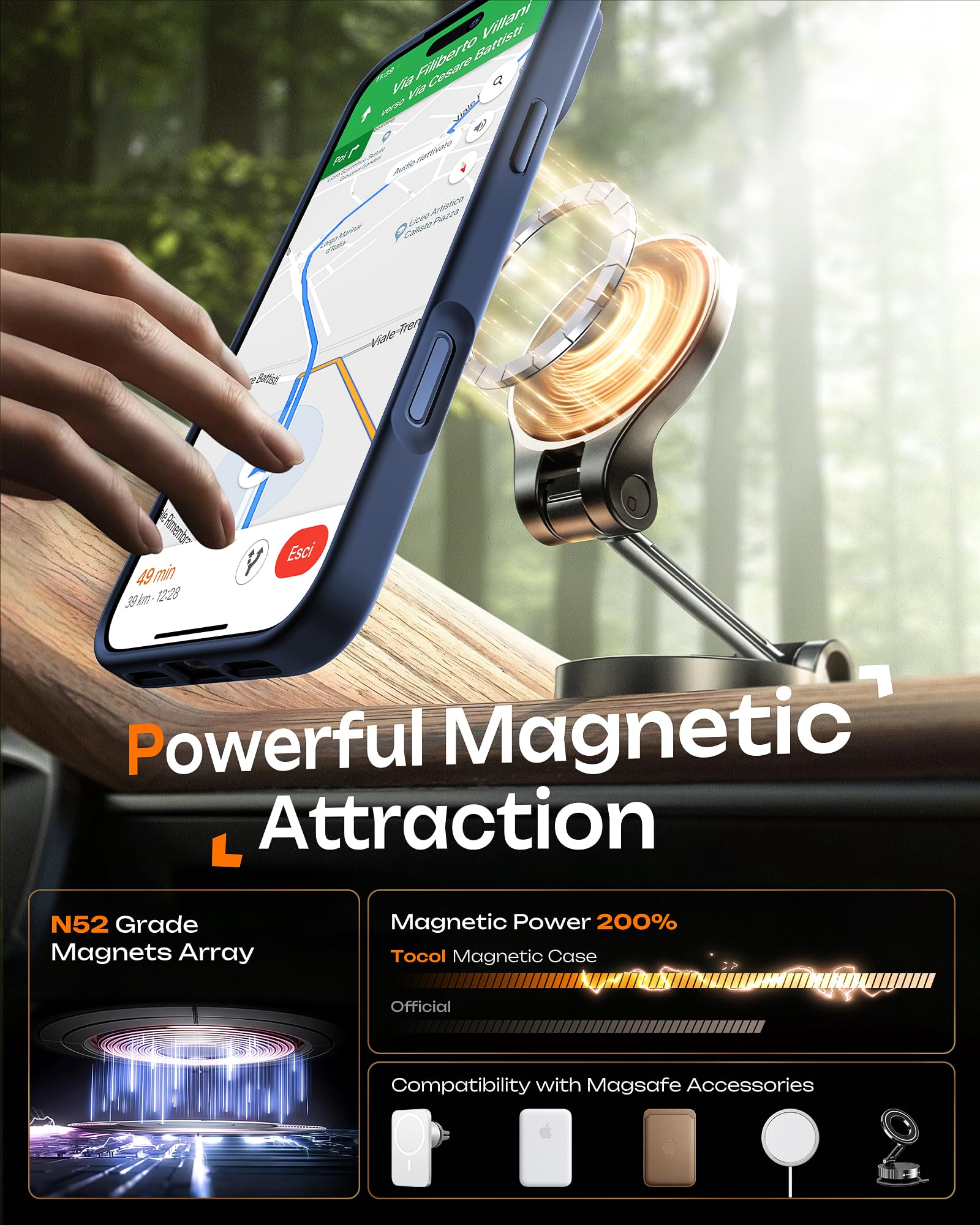 TOCOL Skal för iPhone 17 Pro, Kameraskydd, Integrerad Magnetring, Kompatibel med Magsafe, Fallskydd, Genomskinlig Matt Baksida, Mörkblå