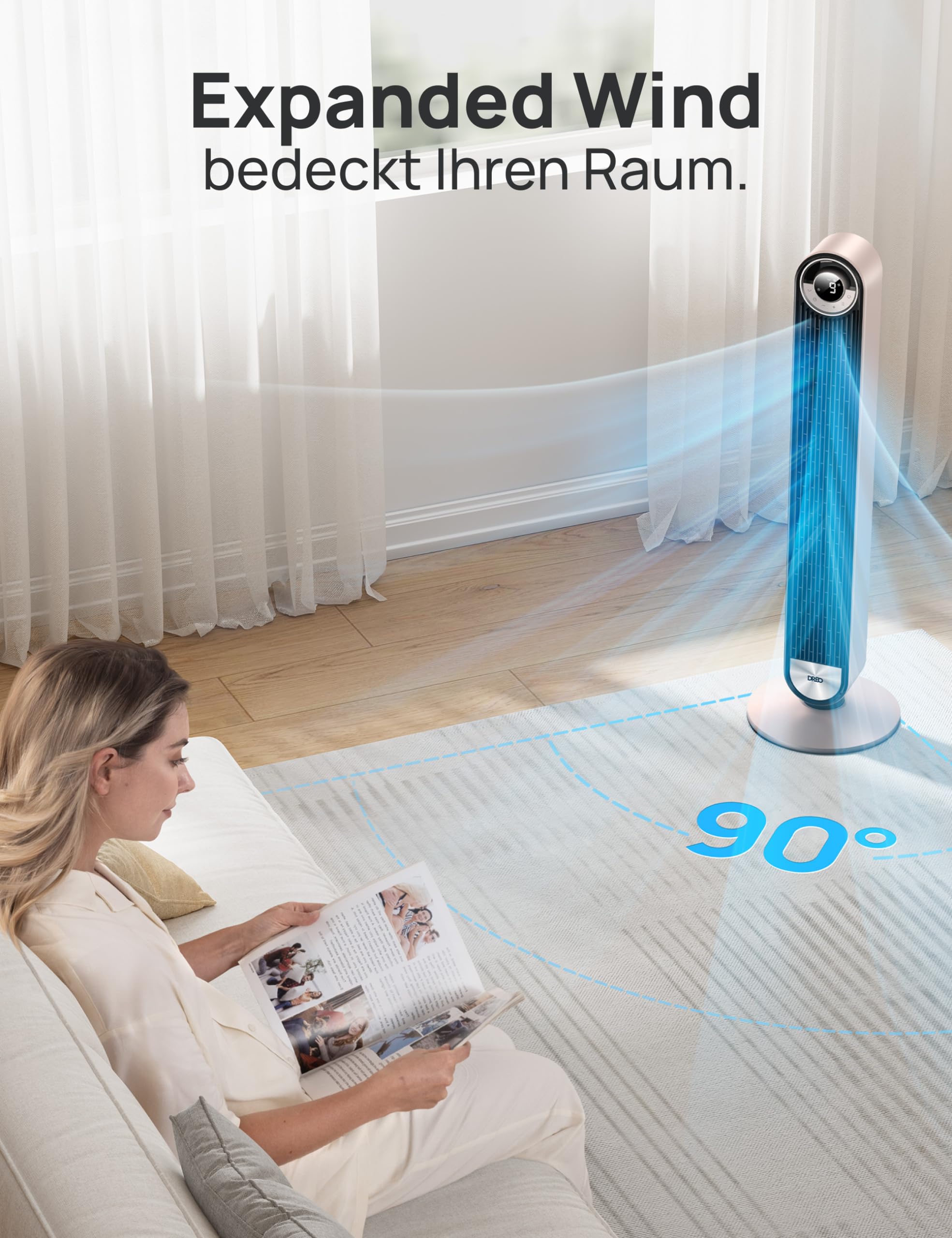 Dreo 25 dB tyst smart tornfläkt, 106 cm höjd 4 lägen 9 hastigheter max 7,9 m/s 12 h timer 90° oscillerande fläkt med fjärrkontroll röststyrning kylning, Cruiser Pro T2S,